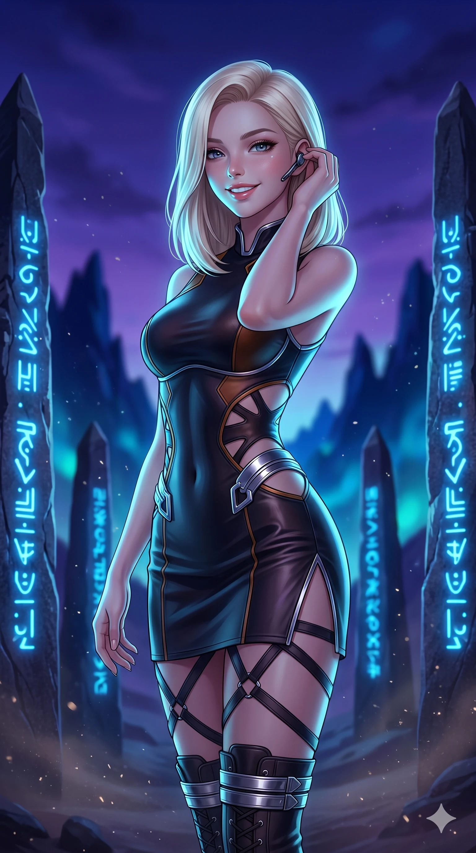 score_9, masterpiece, best quality, ultra-detailed, high-budget anime keyframe, semi-realistic 3D game render, editorial fashion photography, tasteful artistic composition, Caucasian woman. close-up cowboy shot from the waist and thighs up, the character dominates the composition, filling the frame with her large presence. arching her spine with dancer poise, one hand adjusting her ear comm-link in a flirtatious S-curve with parted glossy lips while standing poised amidst a circle of towering monolith spires etched with pulsing blue alien glyphs, arching her spine with dancer-like elegance. The background shows a soft-focus pulsing blue luminescent alien hieroglyphs, floating dust motes, and distant jagged obsidian mountain silhouettes blurred into sapphire, cyan, and deep indigo bokeh. She has an exceptionally elegant, slender, and willowy female figure with an ultra-slim waist, flat toned midriff, narrow ribcage, and sculpted feminine hips creating an alluring, slim hourglass silhouette without bulk. sharp v-shaped jawline, high-bridge nose, intricate jewel-like sparkling eyes with depth, thick eyelashes, glossy parted lips with a natural sheen, bright confident smile with an enchanting and coquettish sensual glint, exuding both youthful magnetic charm and sovereign high-tech allure, flawlessly proportioned anatomical accuracy, strict slender model proportions, natural body alignment, perfectly sculpted long slender limbs, ultra-slim waistline, clean dynamic posture without body distortion. wearing a provocative open-waist cutout tactical mini dress framed by sculptural chrome hardware and thigh-high slit in cosmic eclipse amber and starlight diamond, woven from buttery-soft stretch lambskin leather adhering to her body like a second skin, complemented by strappy stiletto combat boots with metallic ankle wraps accentuating her slender calves, the bespoke structured tailoring following the natural line of her 8.5-heads silhouette with refined elegance. bathed in the serene glowing cyan-blue light of the alien glyphs contrasting with the deep purple ambient twilight of the desert sky. highly saturated vibrant anime colors, detailed shading with soft gradients, rich glossy textures, high-contrast stereoscopic depth, volumetric dynamic lighting, master piece, 9:16 ratio