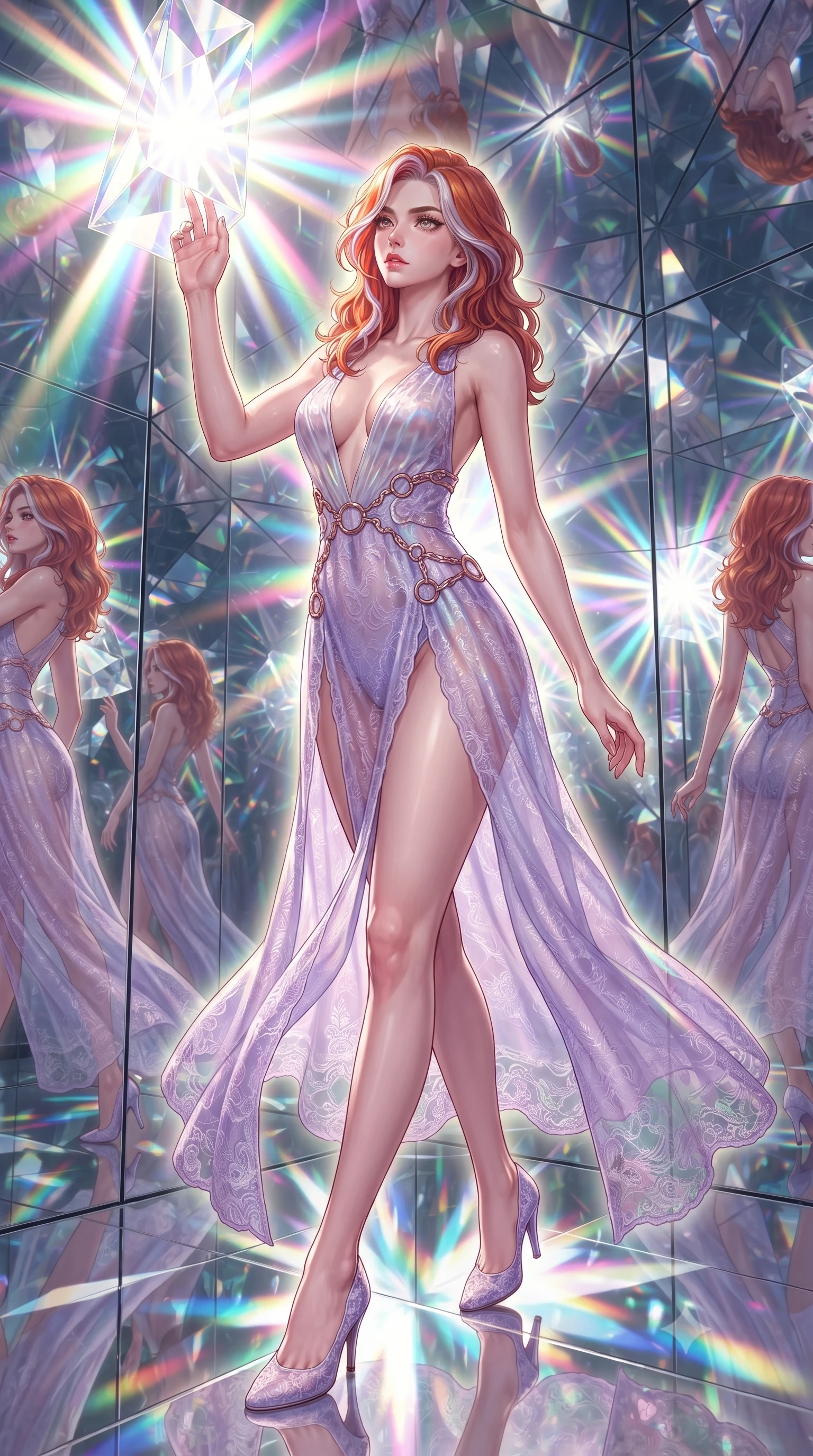 score_9, masterpiece, best quality, ultra-detailed, high-budget anime keyframe, editorial fashion photography, tasteful artistic composition, Caucasian woman. low angle full-body shot from head to toe showing her feet, filling the entire 9:16 vertical frame with her statuesque presence, stretching her vertical silhouette. stepping gracefully through the radiant environment, stretching her statuesque silhouette, touching a giant glass prism that splits white sunlight into intense pastel rays, infinite kaleidoscope mirror reflections multiplying her elegant posture. She has an absolutely perfect, statuesque 8.5-heads proportion, an exceptionally tall and slender model-like female figure with impossibly long slender legs and an ultra-slim waist. sharp v-shaped jawline, high-bridge nose, intricate jewel-like eyes with depth, thick eyelashes, glossy lips with a natural sheen. wearing gothic nebula sheer lavender lace gown with plunging neckline in pearl white, made of iridescent hologram organza, trimmed with rose-gold ring hardware along the waist contours, contouring every curve with an exceptionally elegant silhouette. surrounded by a radiant kaleidoscope rim light aura. highly saturated vibrant anime colors, detailed shading with soft gradients, rich glossy textures, high-contrast stereoscopic depth, volumetric dynamic lighting, master piece, 9:16 ratio