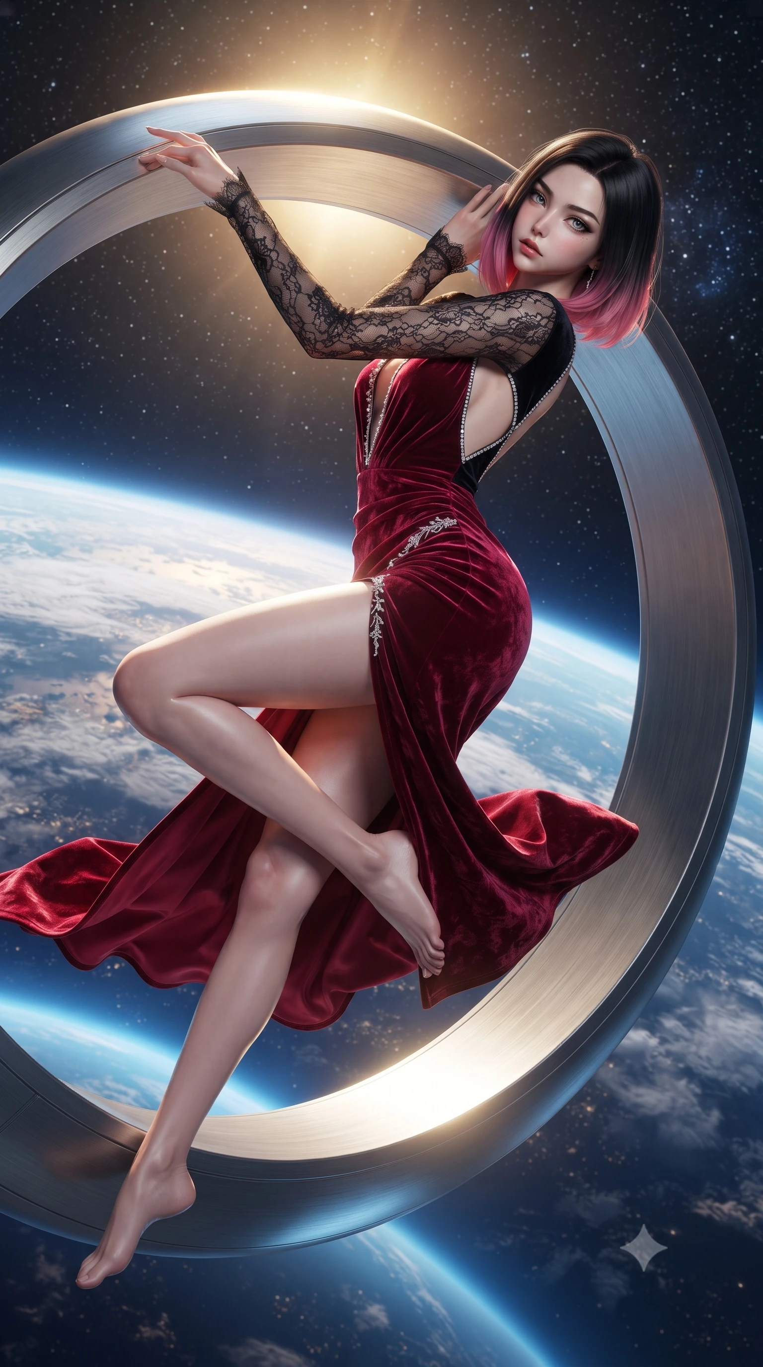 score_9, masterpiece, best quality, ultra-detailed, high-budget anime keyframe, editorial fashion photography, tasteful artistic composition, Korean woman. low angle full-body shot from head to toe showing her feet, filling the entire 9:16 vertical frame with her statuesque presence, stretching her vertical silhouette. reclining on her side in an elegant Cleopatra pose with one knee drawn up, the dramatic contour of her rounded hips and long slender legs commanding the 9:16 vertical frame while floating weightlessly beside an architectural titanium lounge ring, arching her spine in a fluid, dancer-like line as orbital sunrise floods her silhouette. The surrounding environment is rendered in vivid detail and crisp panoramic clarity. detailed aerodynamic space fabric sheen, Earth cloud filament clarity, and starlight reflections in high resolution. She has an exceptionally tall and slender model-like 8.5-heads proportion, an ultra-slim waist, a flat toned midriff, narrow delicate ribcage, and beautifully sculpted feminine hips creating a graceful, slim hourglass silhouette without any bulky heaviness, with impossibly long slender legs. sharp v-shaped jawline, high-bridge nose, intricate jewel-like eyes with depth, thick eyelashes, glossy parted lips with a natural sheen, intensely captivating and seductive bedroom-eyes expression, flawlessly proportioned anatomical accuracy, strict slender model proportions, natural body alignment, perfectly sculpted long slender limbs, ultra-slim waistline, clean dynamic posture without body distortion. wearing a plunging-V neckline crushed crimson velvet opera gown with delicate black lace sleeves and bare back in pitch-black velvet with diamond crystal trim, made of fluid silk crepe with delicate inner corsetry boning, finished with delicate crystal frost embroidery tracing the plunging neckline, the form-contouring material adhering flawlessly to her sculpted flat midriff and slender torso, emphasizing her long leg lines and perfectly proportioned willowy build. bathed in radiant golden orbital sunrise backlighting and ambient cool blue Earth glow from below. ultra-reflective glossy finish, specular highlights, rich textural contrasts, high-contrast stereoscopic depth, volumetric dynamic lighting, 2k, ultra detail, master piece, 9:16 ratio