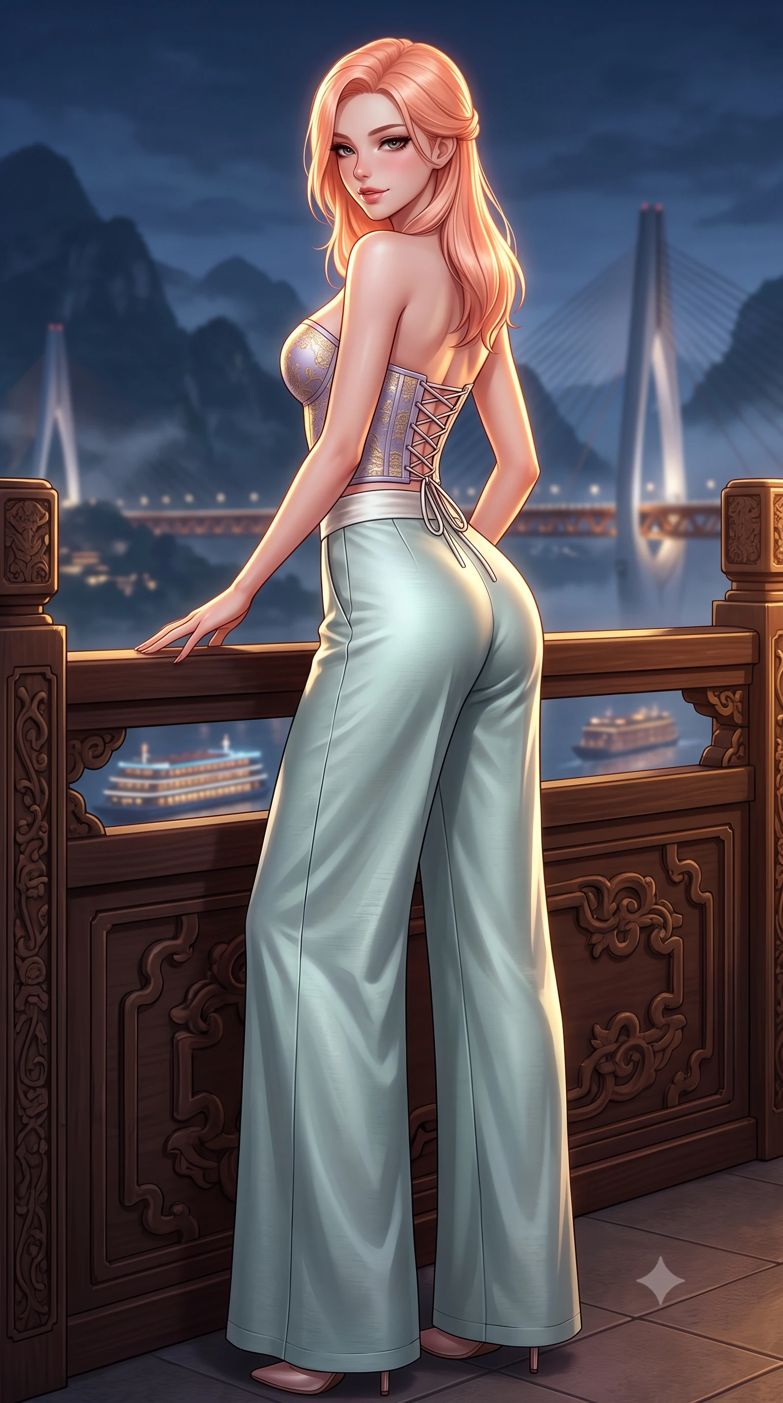 score_9, masterpiece, best quality, ultra-detailed, high-budget anime keyframe, semi-realistic 3D game render, editorial fashion photography, tasteful artistic composition, Japanese woman. low angle full-body shot from head to toe showing her feet, filling the entire 9:16 vertical frame with her statuesque presence, stretching her vertical silhouette. standing in a tall, confident posture with one hand on the carved palace railing, stretching her statuesque body as she arches her lower back to emphasize her sculpted feminine hips and slender waist while leaning against the carved red timber railing with hips cocked back, looking over her shoulder with an intoxicating, smoldering half-smile. The background shows a soft-focus passing illuminated river cruise ships and misty bridge towers softened in dramatic mountain-city shallow focus. She has an absolutely perfect, statuesque 8.5-heads proportion, an exceptionally tall and slender model-like female figure with impossibly long slender legs, an ultra-slim waist, a flat toned midriff, narrow delicate ribcage, and beautifully sculpted feminine hips creating a graceful, slim hourglass silhouette without any bulky heaviness. sharp v-shaped jawline, high-bridge nose, intricate jewel-like dark sparkling almond eyes with depth, thick lashes, glossy parted lips with a natural rose-plum sheen, bright alluring and coquettish smile with bedroom-eyes, exuding both timeless oriental elegance and sovereign high-fashion allure, flawlessly proportioned anatomical accuracy, strict slender model proportions, natural body alignment, perfectly sculpted long slender limbs, ultra-slim waistline, clean dynamic posture without body distortion. wearing a strapless structured silk brocade bustier top paired with flowing wide-leg satin palazzo trousers cinched at the waist in frosted lilac mist and pearlescent alabaster, tailored from smooth celadon raw silk with natural organic slub texture, finished with criss-cross back satin laces tracing her slender spine, the liquid-tight tailored silk fabric clinging flawlessly to her narrow waist and rounded feminine hips, emphasizing every millimeter of her sculpted slim hourglass curves without any bulky heaviness. illuminated by dark river surface reflection bounce and sharp gold rim lighting sculpting her razor-sharp jawline, narrow waist, and curvy hips. highly saturated vibrant anime colors, detailed shading with soft gradients, rich glossy textures, high-contrast stereoscopic depth, volumetric dynamic lighting, master piece, 9:16 ratio