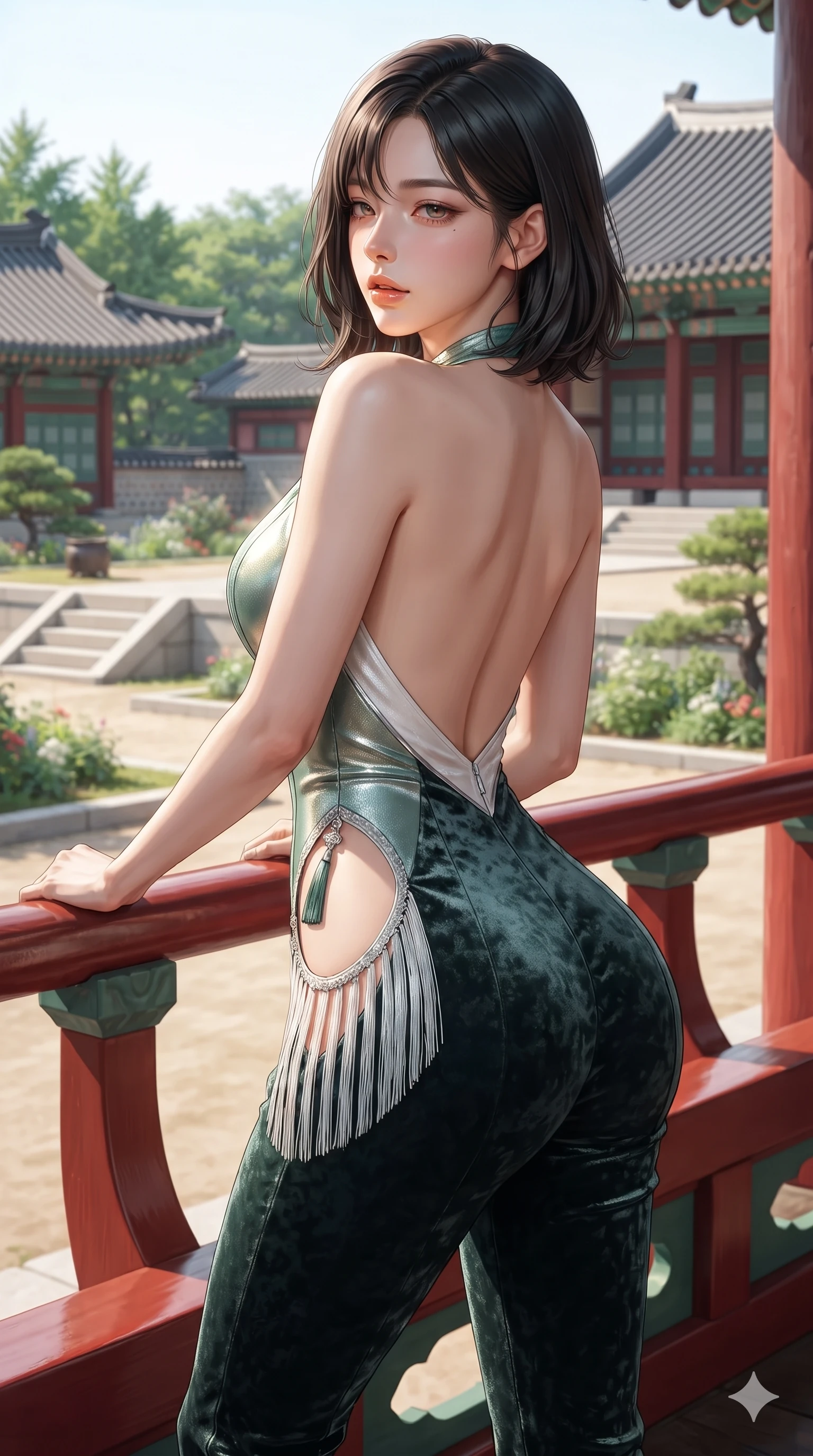 score_9, masterpiece, best quality, ultra-detailed, high-budget anime keyframe, editorial fashion photography, tasteful artistic composition, Korean woman. close-up cowboy shot from the waist and thighs up, the character dominates the composition, filling the frame with her large presence. posing in an alluring rear three-quarter angle, looking over a bare shoulder with parted glossy lips, her hips cocked back to highlight her slim hourglass curve while leaning against the red lacquer railing with hips cocked back, looking out into the palace gardens with heavy-lidded bedroom-eyes. The surrounding environment is rendered in vivid detail and crisp panoramic clarity: detailed backless silk halter leotard tailoring, norigae tassel accents, and royal pavilion architecture in razor-sharp precision. She has an exceptionally elegant, slender, and willowy female figure with an ultra-slim waist, flat toned midriff, narrow ribcage, and sculpted feminine hips creating an alluring, slim hourglass silhouette without bulk. sharp v-shaped jawline, high-bridge nose, sparkling eyes with hypnotic seductive depth, thick curled eyelashes, glossy parted lips with a natural dewy peach sheen, alluring bedroom-eyes with an enchanting coquettish smile, exuding magnetic siren charisma and sophisticated glamour, flawlessly proportioned anatomical accuracy, strict slender model proportions, natural body alignment, perfectly sculpted long slender limbs, ultra-slim waistline, clean dynamic posture without body distortion. wearing a backless liquid metallic lamé plunge halterneck jumpsuit with high-cut side hip cutouts in moonlit jade green and pure alabaster white with silver accents, tailored from crushed dark velvet with deep light-absorbing plush texture, finished with delicate silk fringe trim fluttering along her hip line with kinetic charm, the form-fitting cut adhering flawlessly to her sculpted flat midriff and slender torso, emphasizing her long leg lines and perfectly proportioned willowy build. illuminated by timber floor bounce and sharp silver-vermilion rim lights defining her razor-sharp jawline, narrow waist, and curvy hips. ultra-reflective glossy finish, specular highlights, rich textural contrasts, high-contrast stereoscopic depth, volumetric dynamic lighting, 2k, ultra detail, master piece, 9:16 ratio