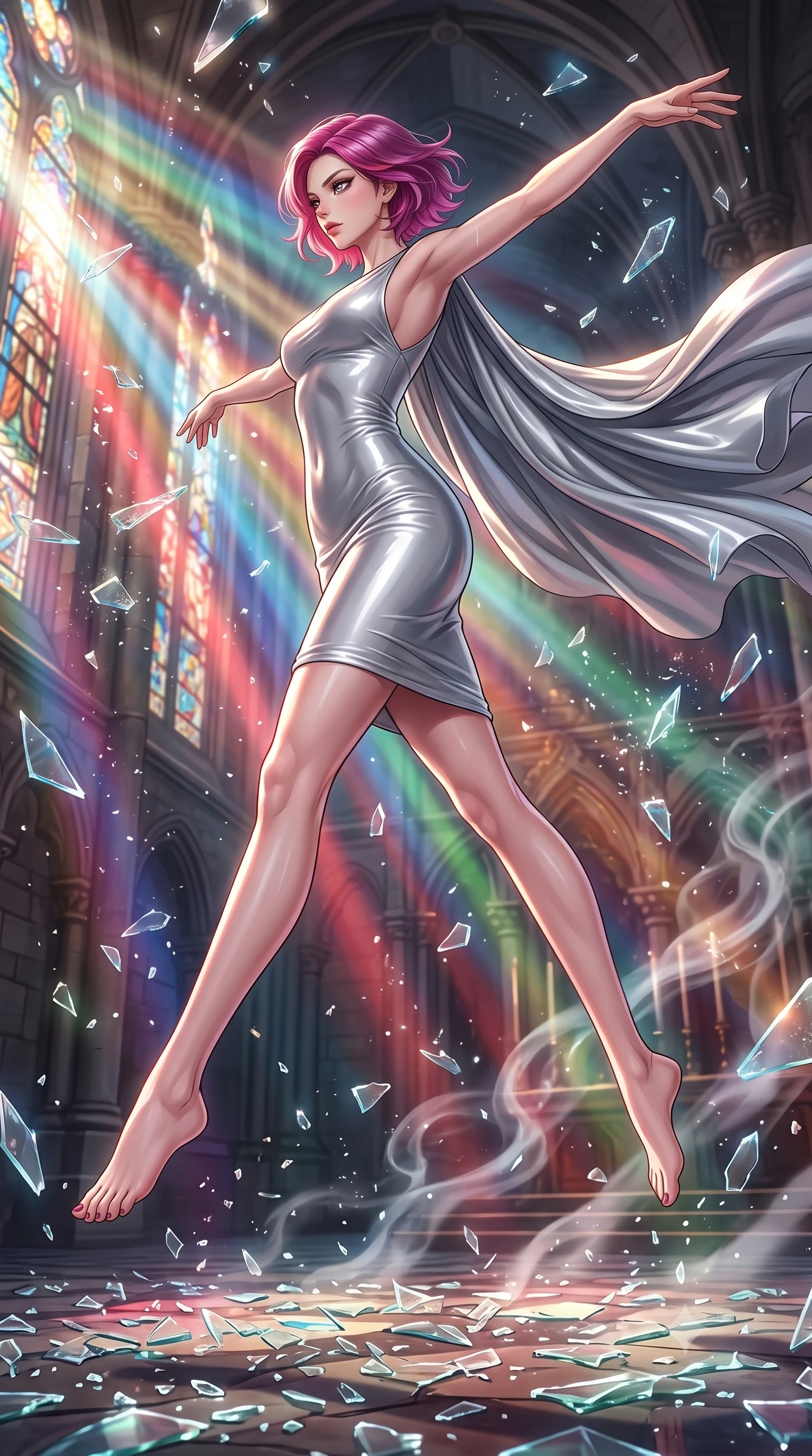 score_9, masterpiece, best quality, ultra-detailed, high-budget anime keyframe, editorial fashion photography, tasteful artistic composition, Caucasian woman. low angle full-body shot from head to toe showing her feet, filling the entire 9:16 vertical frame with her statuesque presence, stretching her vertical silhouette. navigating the luminous space with effortless poise, displaying her perfect model proportions leaping through shattered liquid glass fragments in a illuminated cathedral, floating glass dust and incense smoke scattering colorful light beams. She has an absolutely perfect, statuesque 8.5-heads proportion, an exceptionally tall and slender model-like female figure with impossibly long slender legs and an ultra-slim waist. sharp v-shaped jawline, high-bridge nose, intricate jewel-like eyes with depth, thick eyelashes, glossy lips with a natural sheen. wearing a precision-fitted liquid silver jersey bodycon dress with a graceful draped back, the form-contouring material highlighting her ultra-slim waist and long lines. lit by bright sunbursts creating vivid, saturated color projections. highly saturated vibrant anime colors, detailed shading with soft gradients, rich glossy textures, high-contrast stereoscopic depth, volumetric dynamic lighting, master piece, 9:16 ratio