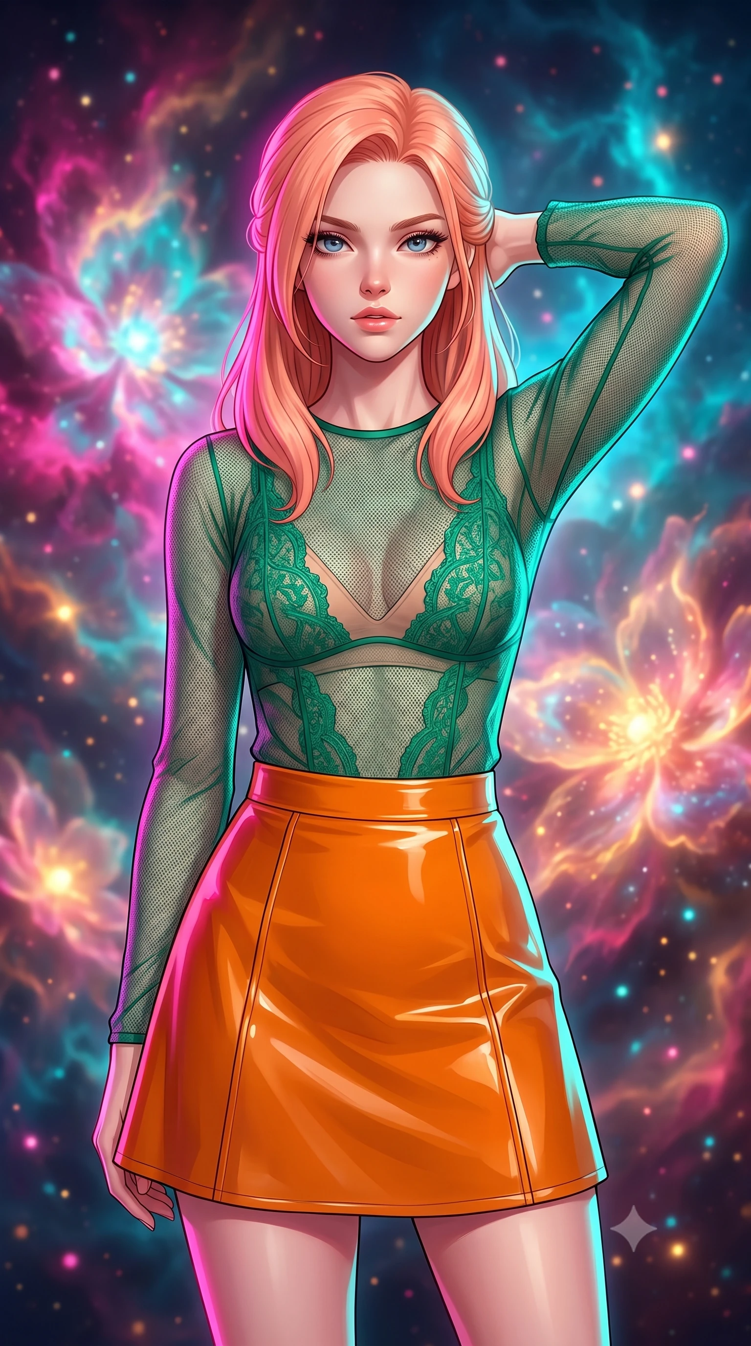 score_9, masterpiece, best quality, ultra-detailed, high-budget anime keyframe, editorial fashion photography, tasteful artistic composition, Japanese woman. close-up cowboy shot from the waist and thighs up, the character dominates the composition, filling the frame with her large presence, background elements kept in soft focus. Placing one hand behind her head with confident body language and a direct stare. set against a soft-focus background of a celestial garden where infant stars bloom like luminous flowers inside swirling colorful nebula clouds of magenta cyan and gold each proto-star casting its own warm glow onto petals of cosmic gas. She has an exceptionally elegant and slender, willowy female figure with an ultra-slim waist, a gracefully sculpted slender torso, and a refined slim physique. sharp v-shaped jawline, high-bridge nose, intricate jewel-like eyes with depth, thick eyelashes, glossy lips with a natural sheen. wearing a see-through mesh top in emerald green with lace detailing, paired with a structured orange skirt in a high-gloss finish. dual-tone lighting with hot magenta from the left and cool cyan from the right. 2k, ultra detail, master piece, 9:16 ratio