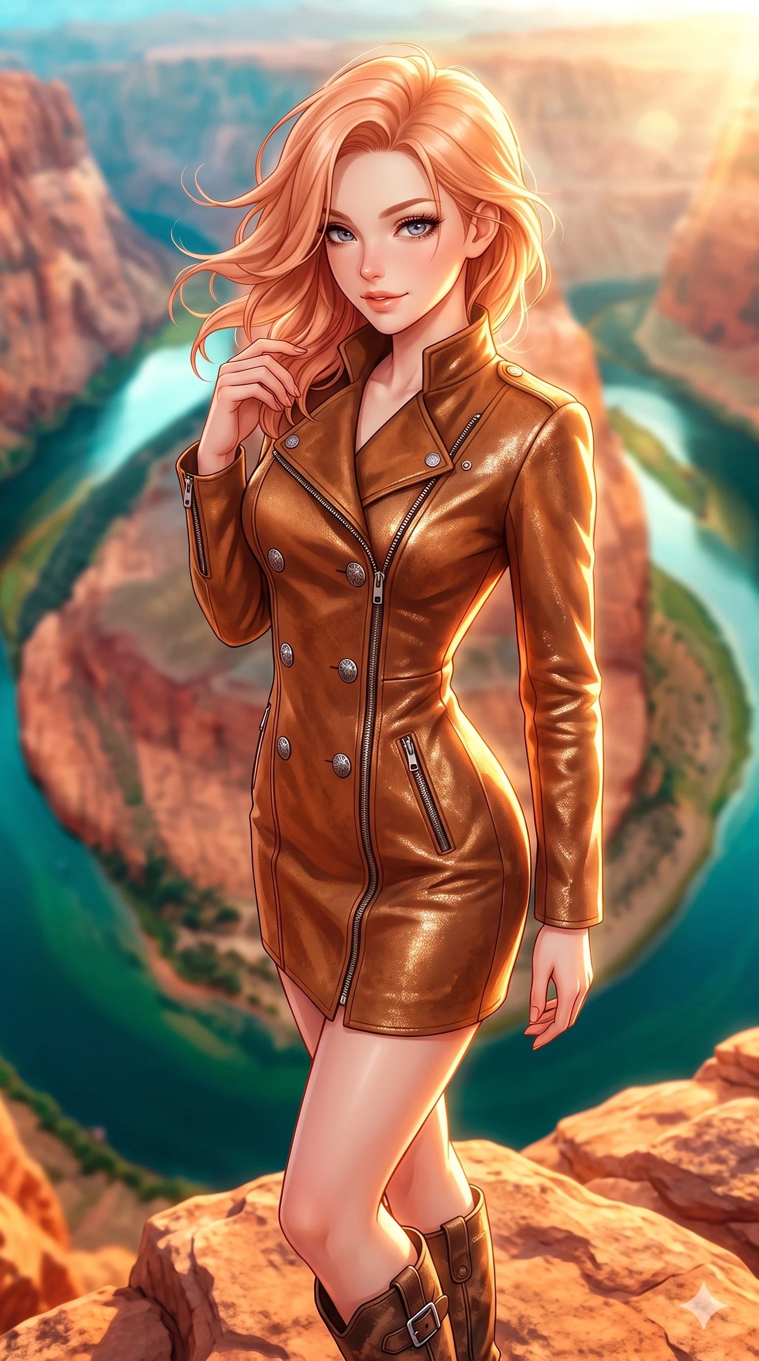 score_9, masterpiece, best quality, ultra-detailed, high-budget anime keyframe, semi-realistic 3D game render, editorial fashion photography, tasteful artistic composition, Japanese woman. close-up cowboy shot from the waist and thighs up, the character dominates the composition, filling the frame with her large presence. gently brushing a lock of windblown hair behind her ear while casting a playful, flirtatious side-gaze with long eyelashes while twisting her slender torso in an alluring contrapposto stance on the cliff rim, sunset canyon breezes whipping her hair and tracing her flat midriff and curvy hips. The background shows a soft-focus the famous 270-degree curve of the emerald green Colorado River and red rock cliffs blurred into turquoise, terracotta, and gold bokeh. She has an exceptionally elegant, slender, and willowy female figure with an ultra-slim waist, flat toned midriff, narrow ribcage, and sculpted feminine hips creating an alluring, slim hourglass silhouette without bulk. sharp v-shaped jawline, high-bridge nose, sparkling eyes with hypnotic seductive depth, thick curled eyelashes, glossy parted lips with a natural dewy peach sheen, alluring bedroom-eyes with an enchanting coquettish smile, exuding magnetic siren charisma and sophisticated glamour, flawlessly proportioned anatomical accuracy, strict slender model proportions, natural body alignment, perfectly sculpted long slender limbs, ultra-slim waistline, clean dynamic posture without body distortion. wearing a structured double-breasted desert moto-coat dress with asymmetrical zipper and stand collar in rich cognac suede and antique silver concho hardware, crafted from luxurious metallic lamé that shifts radiance with every step, complemented by rugged distressed leather motorcycle boots with silver buckle hardware, the impeccably tailored cut draping gracefully along her slender figure with aristocratic western poise. bathed in the blinding, warm 2200K golden-hour rays of the setting sun casting brilliant specular highlights along her silhouette. highly saturated vibrant anime colors, detailed shading with soft gradients, rich glossy textures, high-contrast stereoscopic depth, volumetric dynamic lighting, master piece, 9:16 ratio