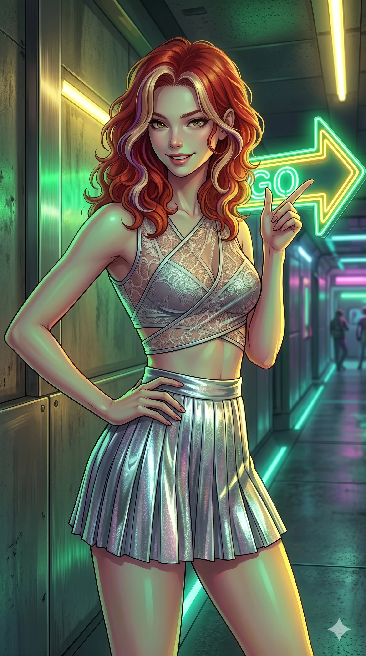 score_9, masterpiece, best quality, ultra-detailed, high-budget anime keyframe, Caucasian woman, strictly human ears. Upper body close-up from the thighs up, character filling the screen for maximum presence. Standing next to a retro neon arrow sign in a corridor, pointing in the direction of the arrow with a playful, teasing smile. She is wearing a cropped wrap top with sheer panels and a high-waisted metallic skirt. The scene is lit by the intense green and yellow glow of the neon arrow sign. 2k, ultra detail, master piece, 9:16 ratio