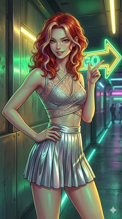 score_9, masterpiece, best quality, ultra-detailed, high-budget anime keyframe, Caucasian woman, strictly human ears. Upper body close-up from the thighs up, character filling the screen for maximum presence. Standing next to a retro neon arrow sign 