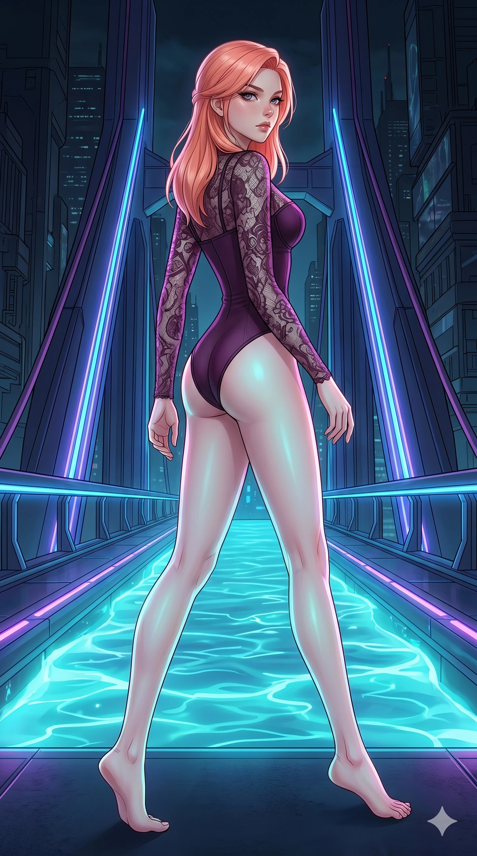 score_9, masterpiece, best quality, ultra-detailed, high-budget anime keyframe, editorial fashion photography, tasteful artistic composition, Japanese woman. low angle full-body shot from head to toe showing her feet, filling the entire 9:16 vertical frame with her statuesque presence, stretching her vertical silhouette. Turning back to look over her shoulder while continuing to walk forward, a dynamic counter-pose on a neon-lit bridge spanning a river of glowing blue cyber-fluid. She has an absolutely perfect 8-heads proportion, an exceptionally tall and slender female figure with impossibly long slender legs and an ultra-slim waist. V-shaped jawline, high-bridge nose, intricate jewel-like eyes with depth, thick eyelashes, glossy lips with a natural sheen. wearing a precision-fitted bodysuit in deep plum featuring a structured bustier and semi-opaque lace sleeves. illuminated by soft aqua bioluminescent light that makes her skin glow luminously against the dark. 2k, ultra detail, master piece, 9:16 ratio