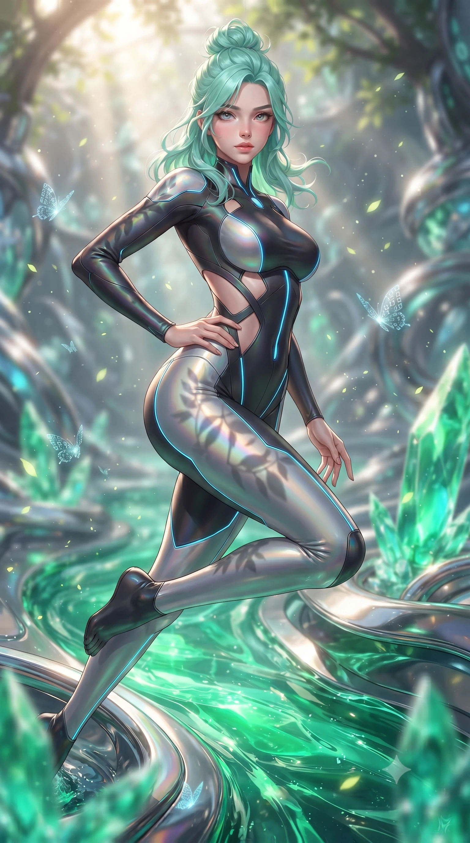 score_9, masterpiece, best quality, ultra-detailed, high-budget anime keyframe, editorial fashion photography, tasteful artistic composition, Japanese woman. close-up cowboy shot from the waist and thighs up, the character dominates the composition, filling the frame with her large presence, background elements kept in soft focus. Holding a powerful dynamic pose with one hand on her hip and body angled dramatically toward the key light while leaping gracefully over a hydro-flow crystal stream flowing with emerald liquid light, glowing pollen particles and binary code butterflies drifting around her form. She has an exceptionally elegant, slender, and willowy female figure with an ultra-slim waist, a gracefully sculpted slender torso, and a refined silhouette. sharp v-shaped jawline, high-bridge nose, intricate jewel-like eyes with depth, thick eyelashes, glossy lips with a natural sheen, flawlessly proportioned anatomical accuracy, natural body alignment, perfectly sculpted elegant limbs, clean dynamic posture without body distortion. wearing a skin-tight cybernetic bodysuit with glowing neon seams and side cutouts in matte black and polished silver, crafted from iridescent chiffon that shifts colors in the light, featuring clean architectural cutouts along her slender torso, the sleek second-skin texture accentuating her magnetic presence. illuminated by brilliant sunbeams casting organic leaf stencil shadows. ultra-reflective glossy finish, specular highlights, metallic sheen, high-contrast stereoscopic depth, volumetric dynamic lighting, 2k, ultra detail, master piece, 9:16 ratio