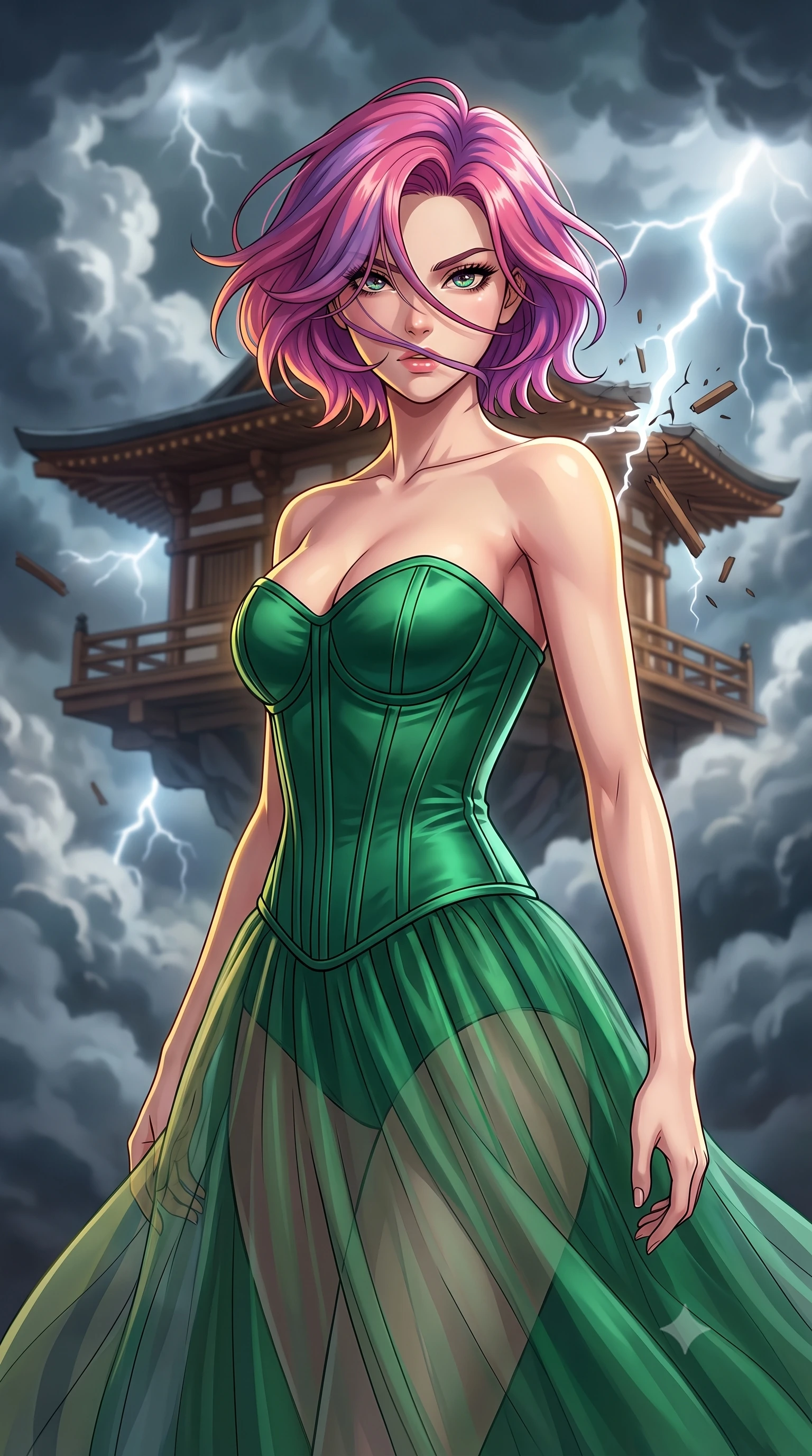 score_9, masterpiece, best quality, ultra-detailed, high-budget anime keyframe, clean line-art, cel-shading, Caucasian woman, strictly human ears. close-up cowboy shot from the waist and thighs up, the character dominates the composition, filling the frame with her large presence, background elements kept in soft focus. Executing a sudden, fast pivot to face the camera, her hair whipping violently across her face. set against a soft-focus background of a wooden pagoda temple floating high in the sky among stormy clouds, wooden beams cracking under lightning pressure. She has an exceptionally elegant and slender, willowy female figure with an ultra-slim waist, a gracefully sculpted slender torso, and a refined slim physique. sharp v-shaped jawline, high-bridge nose, intricate jewel-like eyes with depth, thick eyelashes, glossy lips with a natural sheen. wearing tailored for maximum mobility, sleek form-contouring panels that allow fluid movement, a tailored corset-topped gown with visible structured boning in emerald green satin, paired with a floor-length sheer tulle skirt. dramatic chiaroscuro with a single golden key light sculpting her silhouette. highly saturated vibrant anime colors, intense vivid color palette, volumetric dynamic lighting, 2k, ultra detail, master piece, 9:16 ratio