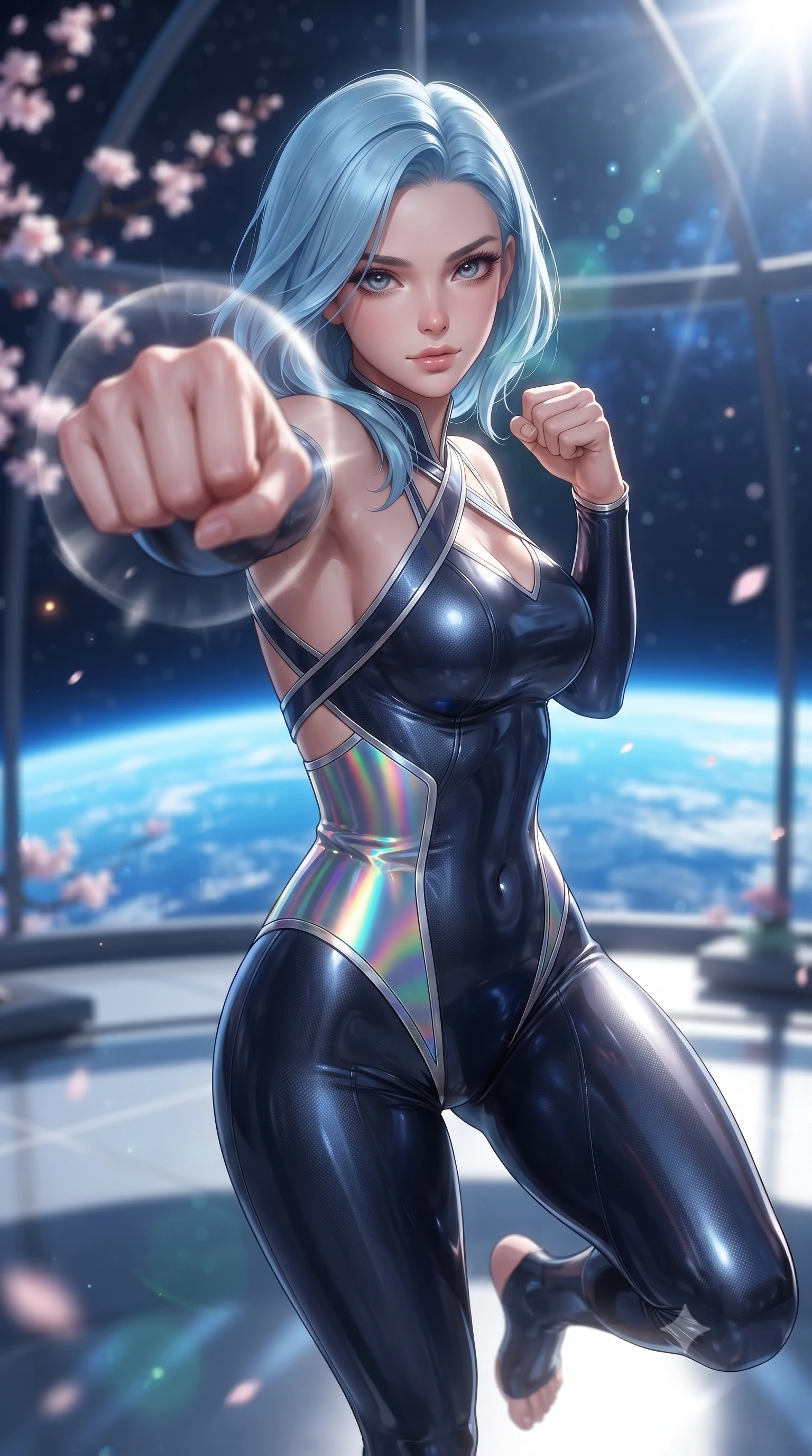 score_9, masterpiece, best quality, ultra-detailed, high-budget anime keyframe, editorial fashion photography, tasteful artistic composition, Korean woman. close-up cowboy shot from the waist and thighs up, the character dominates the composition, filling the frame with her large presence. thrusting a high-speed kinetic punch toward the camera, a visible conical shockwave distortion wrapping around her sleek carbon forearm while floating in zero-gravity inside a soaring glass dome dojo overlooking the brilliant blue curvature of Earth while striking a serene martial arts pose. The composition keeps background elements in soft focus with creamy bokeh. distant starlight and solar flare rays scattering soft glowing light motes across a deep space backdrop. She has an exceptionally elegant, slender, and willowy female figure with an ultra-slim waist, a gracefully sculpted slender torso, toned flat midriff, and a refined slim silhouette. sharp v-shaped jawline, high-bridge nose, intricate jewel-like eyes with depth, thick eyelashes, glossy lips with a natural sheen, flawlessly proportioned anatomical accuracy, strict slender model proportions, natural body alignment, perfectly sculpted long slender limbs, ultra-slim waistline, clean dynamic posture without body distortion. wearing a statuesque midnight cobalt carbon-fiber battle-suit with platinum trim, reinforced kinetic palm plates, and an ultra-slim waistline in high-gloss iridescent rainbow carbon with prism holographic sheen, made of liquid carbon-jersey fabric adhering flawlessly to her sculpted silhouette, complemented by criss-cross back harness straps highlighting her completely bare spine, the precision-cut daring openings accentuating her delicate midriff, graceful bare collarbones, and ultra-slim feminine waistline. bathed in dazzling natural orbital sunlight and rich blue planetary ambient bounce light. ultra-reflective glossy finish, specular highlights, dark metallic sheen, high-contrast stereoscopic depth, volumetric dynamic lighting, 2k, ultra detail, master piece, 9:16 ratio