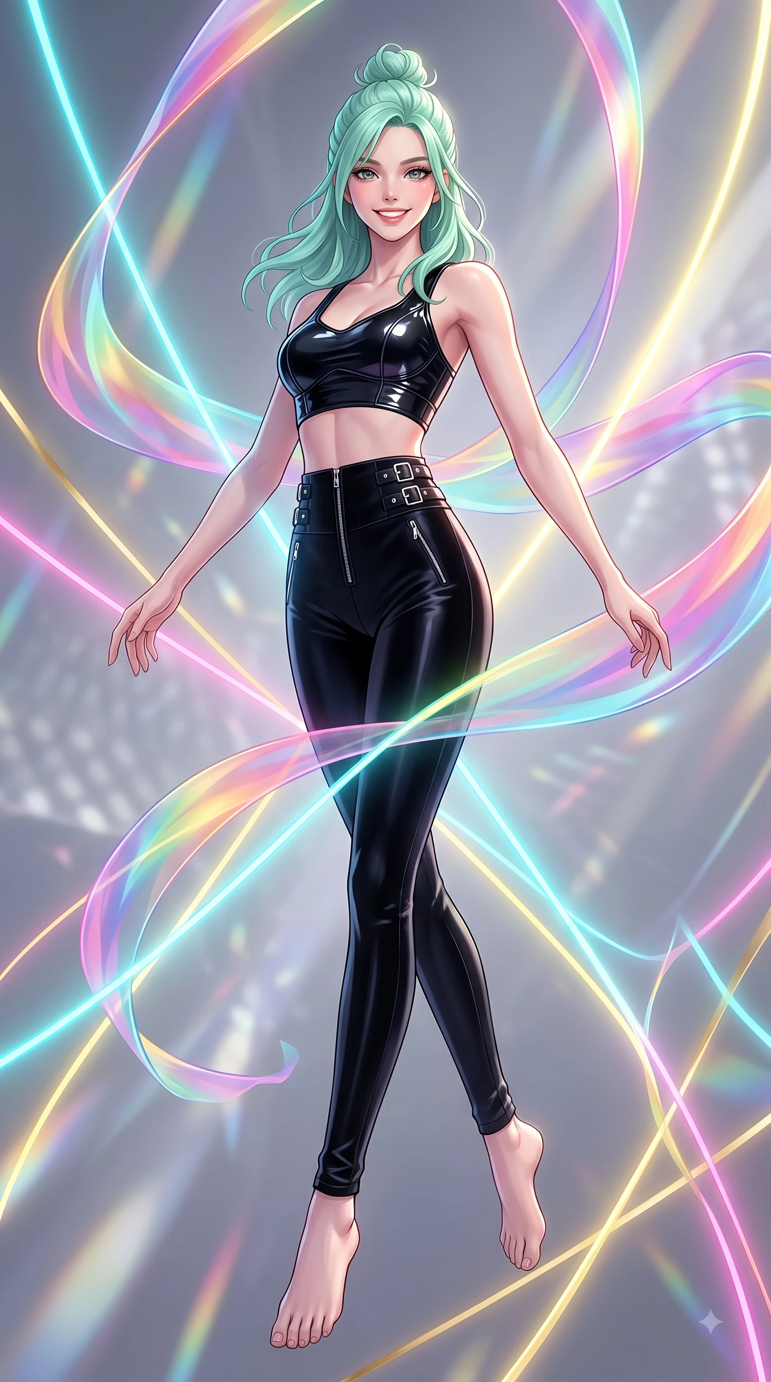 score_9, masterpiece, best quality, ultra-detailed, high-budget anime keyframe, editorial fashion photography, tasteful artistic composition, Japanese woman. low angle full-body shot from head to toe showing her feet, filling the entire 9:16 vertical frame with her statuesque presence, stretching her vertical silhouette. stepping forward in a proud dynamic stride with a cheerful beaming smile, her vertical silhouette filling the frame while spinning in mid-air as translucent rainbow silk ribbons swirl around her with joyful grace, fluorescent cyan, yellow, pink, and gold light threads crossing in 3D space. She has an absolutely perfect, statuesque 8.5-heads proportion, an exceptionally tall and slender model-like female figure with impossibly long slender legs and an ultra-slim waist. sharp v-shaped jawline, high-bridge nose, intricate jewel-like eyes with depth, thick eyelashes, glossy lips with a natural sheen, flawlessly proportioned anatomical accuracy, natural body alignment, perfectly sculpted elegant limbs, clean dynamic posture without body distortion. wearing a glossy vinyl crop top and high-waist tailored leggings with sleek zippers in matte black and polished silver, made of premium stretch velvet with a rich sheen, detailed with polished silver buckles along the waistline, the elegant draped fit framing her graceful clavicle and slender torso. illuminated by the brilliant glow of rainbow luminescent plasma threads. highly saturated vibrant anime colors, detailed shading with soft gradients, rich glossy textures, high-contrast stereoscopic depth, volumetric dynamic lighting, master piece, 9:16 ratio