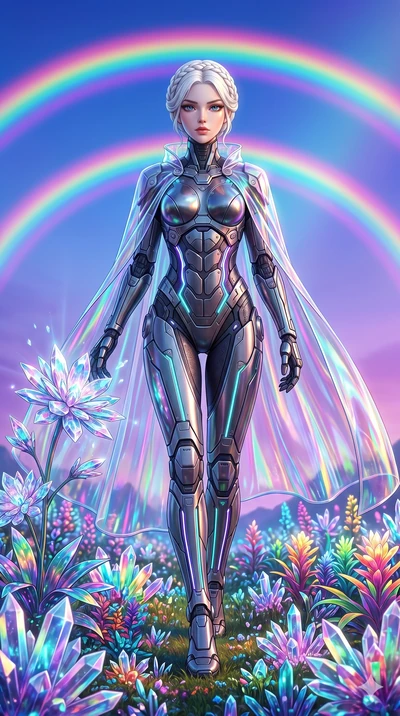 score_9, masterpiece, best quality, ultra-detailed, Set A: Photorealistic 8k CG, Japanese woman. Low angle cowboy shot filling the entire 9:16 frame with her statuesque presence. Walking through a field of crystal flowers that chime as she touches th