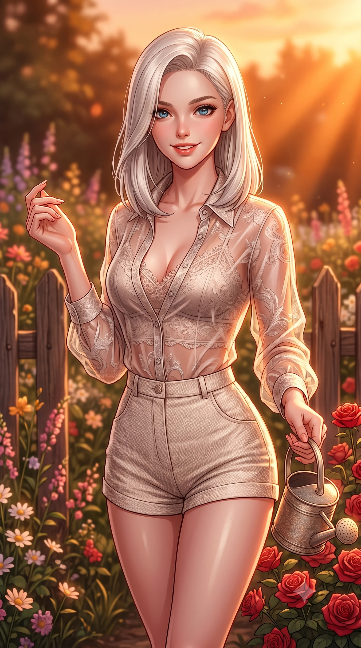 score_9, masterpiece, best quality, ultra-detailed, high-budget anime keyframe, editorial fashion photography, tasteful artistic composition, Caucasian woman. close-up cowboy shot from the waist and thighs up, the character dominates the composition, filling the frame with her large presence, background elements kept in soft focus. smiling with cute and bright self-assurance, looking directly at the viewer set against a soft-focus background of in a lovely cottage garden filled with mixed cottage flowers and wooden fences holding a small watering can next to a bed of red roses. She has an exceptionally elegant, slender, and willowy female figure with an ultra-slim waist, a gracefully sculpted slender torso, and a refined silhouette. sharp v-shaped jawline, high-bridge nose, intricate jewel-like eyes with depth, thick eyelashes, glossy lips with a natural sheen. wearing form-contouring sheer organza button-up shirt worn over a lace-accented crop top and high-waist mini shorts. golden hour sunset light casting a warm, romantic orange glow over the field. highly saturated vibrant anime colors, detailed shading with soft gradients, rich glossy textures, high-contrast stereoscopic depth, volumetric dynamic lighting, master piece, 9:16 ratio