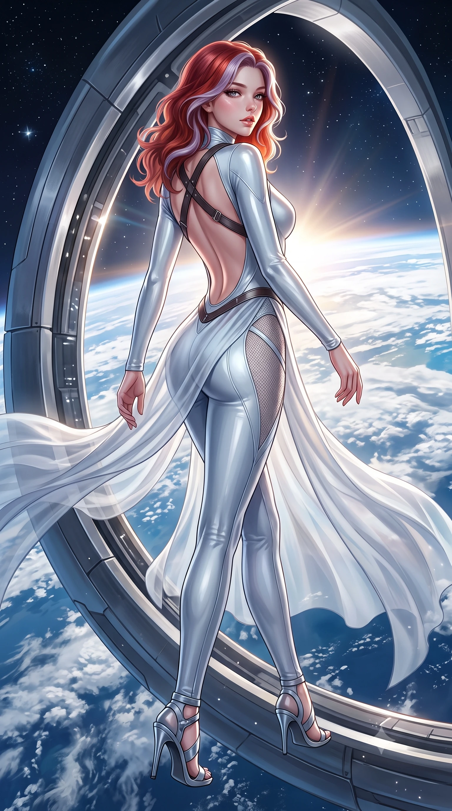score_9, masterpiece, best quality, ultra-detailed, high-budget anime keyframe, semi-realistic 3D game render, editorial fashion photography, tasteful artistic composition, Caucasian woman. low angle full-body shot from head to toe showing her feet, filling the entire 9:16 vertical frame with her statuesque presence, stretching her vertical silhouette. striding forward in a proud supermodel runway stride, hips swaying in an alluring kinetic rhythm that accentuates her curvy hourglass silhouette while floating weightlessly beside an architectural titanium lounge ring, arching her spine in a fluid, dancer-like line as orbital sunrise floods her silhouette. The surrounding environment is rendered in vivid detail and crisp panoramic clarity. detailed aerodynamic space fabric sheen, Earth cloud filament clarity, and starlight reflections in high resolution. She has an exceptionally tall and slender model-like 8.5-heads proportion, an ultra-slim waist, a flat toned midriff, narrow delicate ribcage, and beautifully sculpted feminine hips creating a graceful, slim hourglass silhouette without any bulky heaviness, with impossibly long slender legs. sharp v-shaped jawline, high-bridge nose, intricate jewel-like eyes with depth, thick eyelashes, glossy parted lips with a natural sheen, intensely captivating and seductive bedroom-eyes expression, flawlessly proportioned anatomical accuracy, strict slender model proportions, natural body alignment, perfectly sculpted long slender limbs, ultra-slim waistline, clean dynamic posture without body distortion. wearing a liquid-silver aerodynamic space-couture catsuit with an open scooped back and sheer contouring mesh hip panels in liquid starlight silver and arctic glacier white, woven from layered gossamer chiffon with a weightless sweeping drape, featuring an open-back criss-cross harness strap in dark leather, the dramatically scooped open back descending to the base of her spine, accentuating her razor-sharp statuesque lines and slim hourglass silhouette. illuminated by sleek metallic specular reflections sharply defining her bare collarbones, ultra-slim waist, and curvy hips. highly saturated vibrant anime colors, detailed shading with soft gradients, rich glossy textures, high-contrast stereoscopic depth, volumetric dynamic lighting, master piece, 9:16 ratio