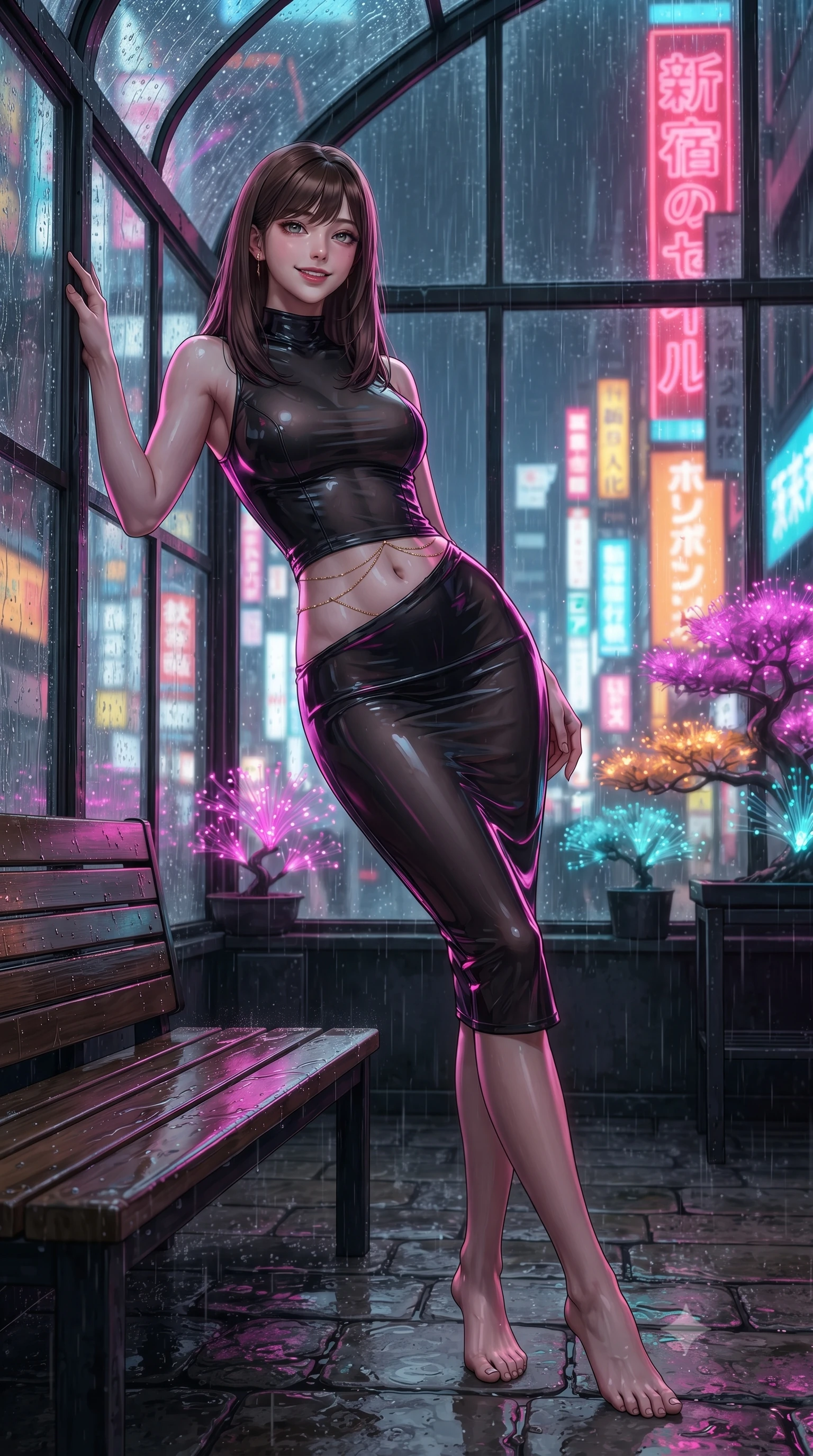 score_9, masterpiece, best quality, ultra-detailed, high-budget anime keyframe, editorial fashion photography, tasteful artistic composition, Korean woman. low angle full-body shot from head to toe showing her feet, filling the entire 9:16 vertical frame with her statuesque presence, stretching her vertical silhouette. leaning deep against the balcony balustrade with hips cocked back in an unapologetically alluring high-fashion stance, casting an intoxicating glance while leaning against the cast-iron greenhouse window frame with hips cocked back, looking through heavy rain toward blazing Shinjuku neon signs. The background shows a soft-focus heavy cascading rain on pitched greenhouse glass, towering Shinjuku neon signs, and glowing fiber-optic bonsai needles blurred into magenta, amber, and cyan bokeh. She has an absolutely perfect, statuesque 8.5-heads proportion, an exceptionally tall and slender model-like female figure with impossibly long slender legs, an ultra-slim waist, a flat toned midriff, narrow delicate ribcage, and beautifully sculpted feminine hips creating a graceful, slim hourglass silhouette without any bulky heaviness. sharp v-shaped jawline, high-bridge nose, sparkling eyes with hypnotic seductive depth, thick curled eyelashes, glossy parted lips with a natural dewy peach sheen, alluring bedroom-eyes with an enchanting coquettish smile, exuding magnetic siren charisma and sophisticated glamour, flawlessly proportioned anatomical accuracy, strict slender model proportions, natural body alignment, perfectly sculpted long slender limbs, ultra-slim waistline, clean dynamic posture without body distortion. wearing a provocative high-neck sheer illusion cocktail dress with liquid satin ribbons contouring her curves in wet-look onyx black with electric magenta reflections, tailored from fine structural neoprene with crisp architectural edges and smooth contouring, accented with a dainty gold belly chain resting across her flat midriff and curving hips, the second-skin tailored fabric adhering flawlessly to her sculpted flat midriff and slender torso, emphasizing her long leg lines and perfectly proportioned willowy build. illuminated by wet wooden bench reflections and sharp electric-magenta rim lights sculpting her jawline, flat midriff, and curvy hips. ultra-reflective glossy finish, specular highlights, rich textural contrasts, high-contrast stereoscopic depth, volumetric dynamic lighting, 2k, ultra detail, master piece, 9:16 ratio