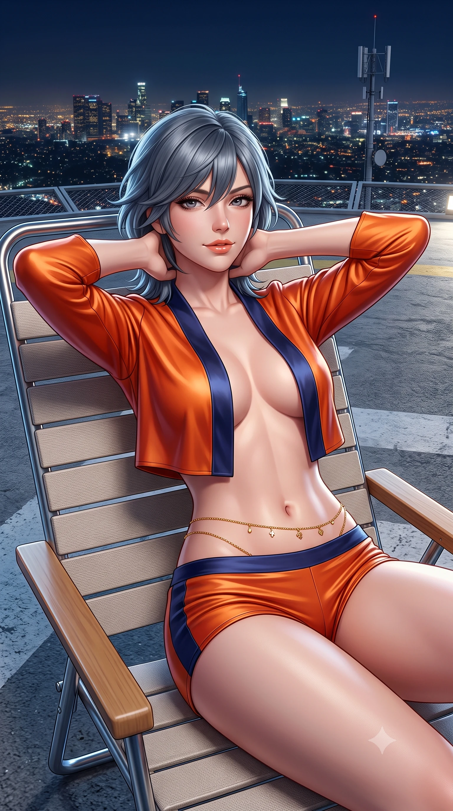 score_9, masterpiece, best quality, ultra-detailed, high-budget anime keyframe, semi-realistic 3D game render, editorial fashion photography, tasteful artistic composition, Caucasian woman. close-up cowboy shot from the waist and thighs up, the character dominates the composition, filling the frame with her large presence. resting both hands lightly behind her neck with elbows raised, arching her spine to highlight her narrow waist, flat midriff, and breathtaking collarbones while lounging on an outdoor retro deck chair propped on one elbow, her flat midriff and long slender limbs framed by the glittering city. The surrounding environment is rendered in vivid detail and crisp panoramic clarity: sharp concrete helipad surface texture, metal perimeter railing, and distant telecommunications antenna clarity in deep focus. She has an exceptionally elegant, slender, and willowy female figure with an ultra-slim waist, flat toned midriff, narrow ribcage, and sculpted feminine hips creating an alluring, slim hourglass silhouette without bulk. sharp v-shaped jawline, high-bridge nose, sparkling eyes with hypnotic seductive depth, thick curled eyelashes, glossy parted lips with a natural dewy peach sheen, alluring bedroom-eyes with an enchanting coquettish smile, exuding magnetic siren charisma and sophisticated glamour, flawlessly proportioned anatomical accuracy, strict slender model proportions, natural body alignment, perfectly sculpted long slender limbs, ultra-slim waistline, clean dynamic posture without body distortion. wearing a modern two-piece royal silk loungewear set featuring an open-front short bolero and form-fitting silk hot-pants in sunset tangerine orange and deep navy indigo, woven from buttery-soft stretch lambskin leather adhering to her body like a second skin, finished with a dainty gold belly chain resting across her flat midriff and curving hips, the form-contouring silhouette accentuating her sculpted flat midriff, narrow delicate ribcage, and gracefully curvy hips with intoxicating allure. illuminated by helipad floodlight bounce and sharp platinum rim lights sculpting her jawline, flat midriff, and curvaceous hips. highly saturated vibrant anime colors, detailed shading with soft gradients, rich glossy textures, high-contrast stereoscopic depth, volumetric dynamic lighting, master piece, 9:16 ratio