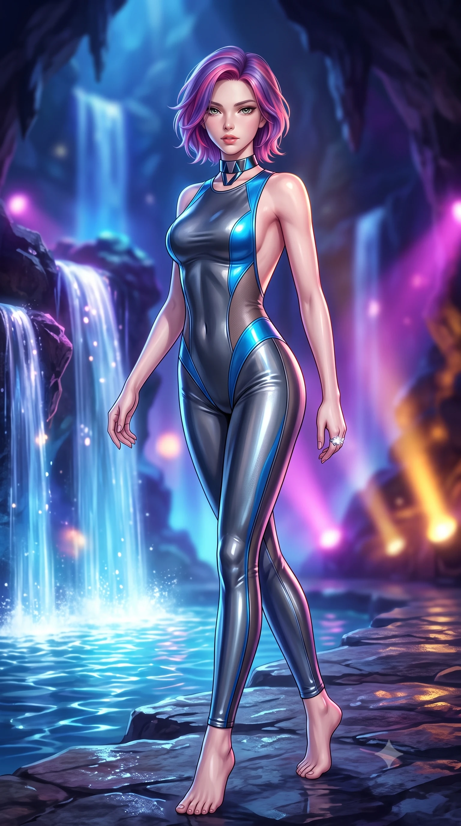 score_9, masterpiece, best quality, ultra-detailed, high-budget anime keyframe, semi-realistic 3D game render, editorial fashion photography, tasteful artistic composition, Caucasian woman. low angle full-body shot from head to toe showing her feet, filling the entire 9:16 vertical frame with her statuesque presence, stretching her vertical silhouette. striding forward in a proud supermodel runway stride, hips swaying in an alluring kinetic rhythm that accentuates her curvy hourglass silhouette while twisting her slender torso in an alluring contrapposto stance beside the illuminated waterfall, her flowing gown catching the theatrical underground glow. The composition keeps background elements in soft focus with creamy bokeh. theatrical magenta and azure cave floodlights and cascading artificial waterfalls blurred into glowing sapphire, amethyst, and molten gold bokeh. She has an exceptionally tall and slender model-like 8.5-heads proportion, an ultra-slim waist, a flat toned midriff, narrow delicate ribcage, and beautifully sculpted feminine hips creating a graceful, slim hourglass silhouette without any bulky heaviness, with impossibly long slender legs. sharp v-shaped jawline, high-bridge nose, intricate jewel-like eyes with depth, thick eyelashes, glossy parted lips with a natural sheen, intensely captivating and seductive bedroom-eyes expression, flawlessly proportioned anatomical accuracy, strict slender model proportions, natural body alignment, perfectly sculpted long slender limbs, ultra-slim waistline, clean dynamic posture without body distortion. wearing a second-skin compression catsuit with an open back and sheer mesh side waist contouring in metallic gunmetal and electric azure, tailored from second-skin aerodynamic stretch vinyl with specular wet sheen, complemented by a bold geometric choker and sparkling cocktail ring, the dramatically scooped open back descending to the base of her spine, accentuating her razor-sharp statuesque lines and slim hourglass silhouette. illuminated by shimmering pool water caustics sharply sculpting her razor-sharp jawline, narrow waist, and curvy hips. highly saturated vibrant anime colors, detailed shading with soft gradients, rich glossy textures, high-contrast stereoscopic depth, volumetric dynamic lighting, master piece, 9:16 ratio