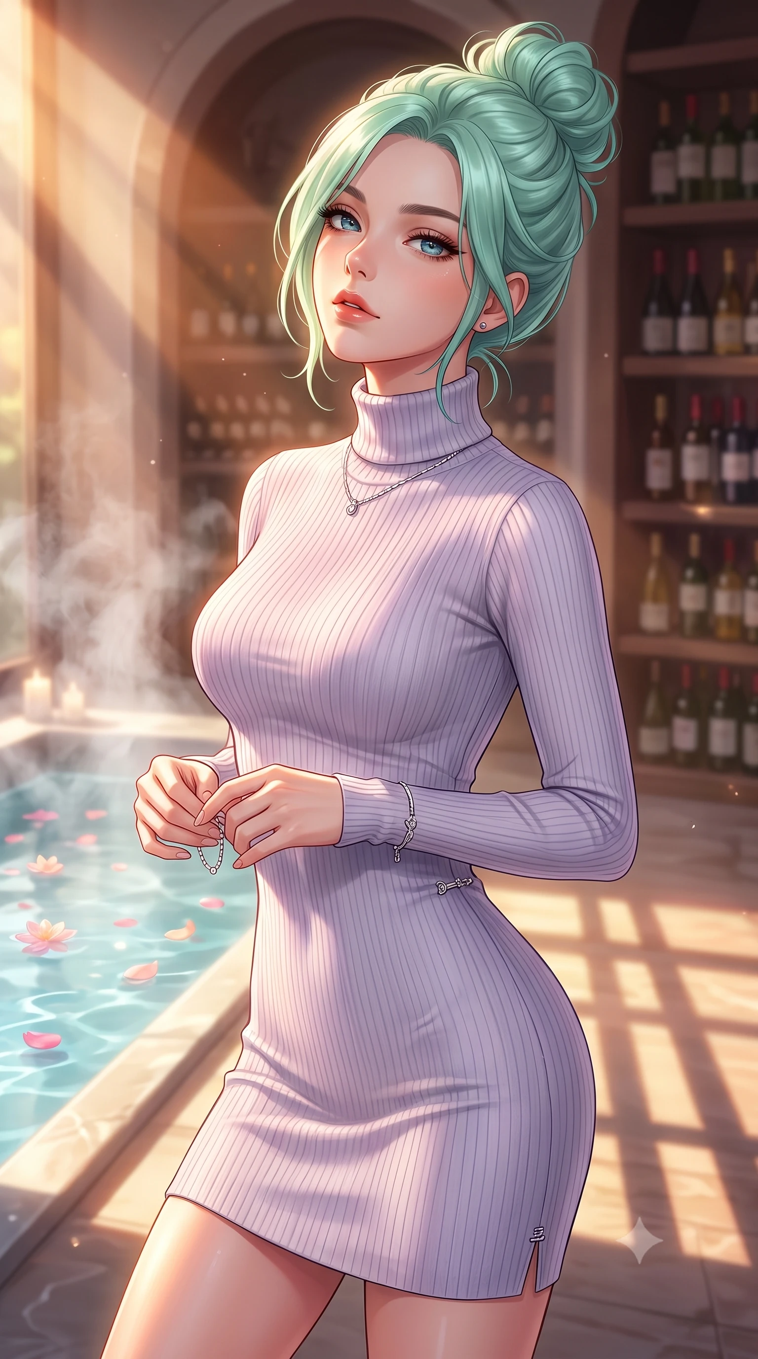 score_9, masterpiece, best quality, ultra-detailed, high-budget anime keyframe, editorial fashion photography, tasteful artistic composition, Japanese woman. close-up cowboy shot from the waist and thighs up, the character dominates the composition, filling the frame with her large presence, background elements kept in soft focus. tilting her chin up with a composed yet deeply enticing gaze, her eyes sparkling under the warm lighting set against a soft-focus background of inside an exclusive wine cellar alcove with rising mineral steam and floating flower petals on the clear water surface. She has an exceptionally elegant, slender, and willowy female figure with an ultra-slim waist, a gracefully sculpted slender torso, and a refined silhouette. sharp v-shaped jawline, high-bridge nose, intricate jewel-like eyes with depth, thick eyelashes, glossy lips with a natural sheen. wearing slim-fit pale lavender ribbed cashmere form-fitting ribbed knit turtleneck dress outlining her slender silhouette accented with delicate silver hardware. bathed in warm golden hour sunbeams that cast long, romantic shadows across the floor. highly saturated vibrant anime colors, detailed shading with soft gradients, rich glossy textures, high-contrast stereoscopic depth, volumetric dynamic lighting, master piece, 9:16 ratio