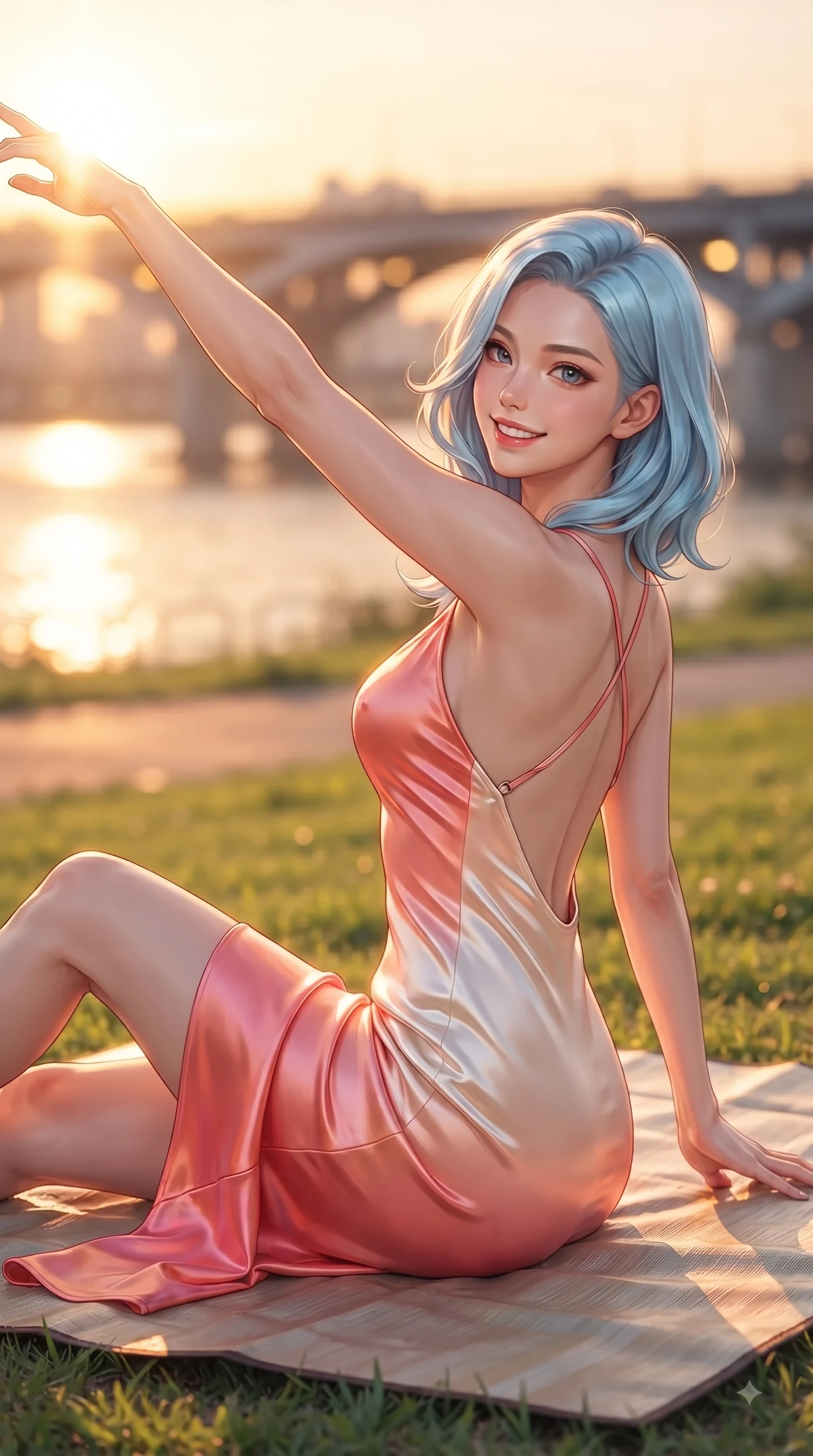 score_9, masterpiece, best quality, ultra-detailed, high-budget anime keyframe, editorial fashion photography, tasteful artistic composition, Korean woman. close-up cowboy shot from the waist and thighs up, the character dominates the composition, filling the frame with her large presence. Extending one arm in an elegant stretch toward the light while smiling with vibrant, youthful self-assurance while sitting gracefully on a picnic mat on a green riverfront park lawn during golden hour. The composition keeps background elements in soft focus with dreamy bokeh. rose-gold river reflections and city bridge silhouettes blurred into warm golden evening bokeh. She has an exceptionally elegant, slender, and willowy female figure with an ultra-slim waist, a gracefully sculpted slender torso, and a refined silhouette. sharp v-shaped jawline, high-bridge nose, intricate jewel-like eyes with depth, thick eyelashes, glossy lips with a natural sheen, flawlessly proportioned anatomical accuracy, natural body alignment, perfectly sculpted elegant limbs, clean dynamic posture without body distortion. wearing a precision-fitted liquid satin slip dress with fluid draped lines and an open back in vibrant coral pink and pure ivory, made of lustrous stretch velvet, finished with delicate criss-cross back straps highlighting her bare shoulders, the tailored fabric tightly following every curve of her athletic build. bathed in glorious golden hour sunset sunbeams and warm amber sky radiance. ultra-reflective glossy finish, specular highlights, metallic sheen, high-contrast stereoscopic depth, volumetric dynamic lighting, 2k, ultra detail, master piece, 9:16 ratio