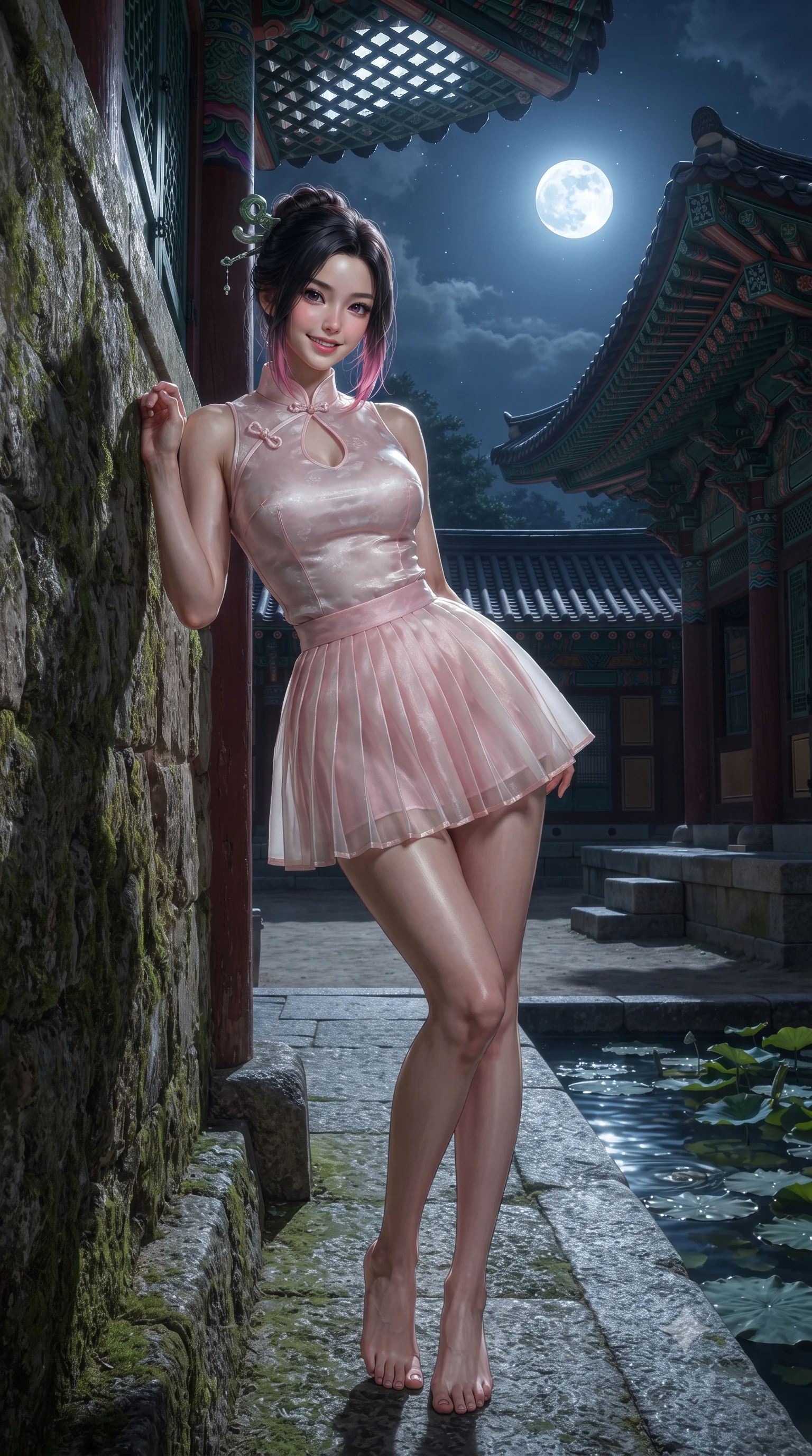 score_9, masterpiece, best quality, ultra-detailed, high-budget anime keyframe, editorial fashion photography, tasteful artistic composition, Korean woman. low angle full-body shot from head to toe showing her feet, filling the entire 9:16 vertical frame with her statuesque presence, stretching her vertical silhouette. leaning deep against the ancient temple wall with hips cocked back in an unapologetically alluring high-fashion stance, flashing a warm beaming smile while twisting her slender torso in an alluring S-curve, silver moonbeams rippling across the dark water surface and highlighting her narrow waist and curvy hips. The surrounding environment is rendered in vivid detail and crisp panoramic clarity: sharp carved granite foundation stones, intricate dancheong mineral paint details, and rippling lotus pond surface tension in deep focus. She has an absolutely perfect, statuesque 8.5-heads proportion, an exceptionally tall and slender model-like female figure with impossibly long slender legs, an ultra-slim waist, a flat toned midriff, narrow delicate ribcage, and beautifully sculpted feminine hips creating a graceful, slim hourglass silhouette without any bulky heaviness. sharp v-shaped jawline, high-bridge nose, intricate jewel-like dark sparkling almond eyes with depth, thick lashes, glossy parted lips with a natural rose-plum sheen, bright alluring and coquettish smile with bedroom-eyes, exuding both timeless oriental elegance and sovereign high-fashion allure, flawlessly proportioned anatomical accuracy, strict slender model proportions, natural body alignment, perfectly sculpted long slender limbs, ultra-slim waistline, clean dynamic posture without body distortion. wearing a sleeveless modern qipao top with an elegant teardrop chest keyhole cutout paired with a curve-hugging pleated mini skirt in soft cherry blossom pink and pearlescent ivory, tailored from sheer gossamer silk organza with an airy weightless flutter, featuring a modern sculptural jade hair pin securing her loose silky updo, the form-contouring cut accentuating her sculpted flat midriff, narrow delicate ribcage, and gracefully curvy hips with regal oriental supermodel elegance. bathed in cold silver moonlight cascading down from a brilliant full moon overhead. ultra-reflective glossy finish, specular highlights, rich textural contrasts, high-contrast stereoscopic depth, volumetric dynamic lighting, 2k, ultra detail, master piece, 9:16 ratio