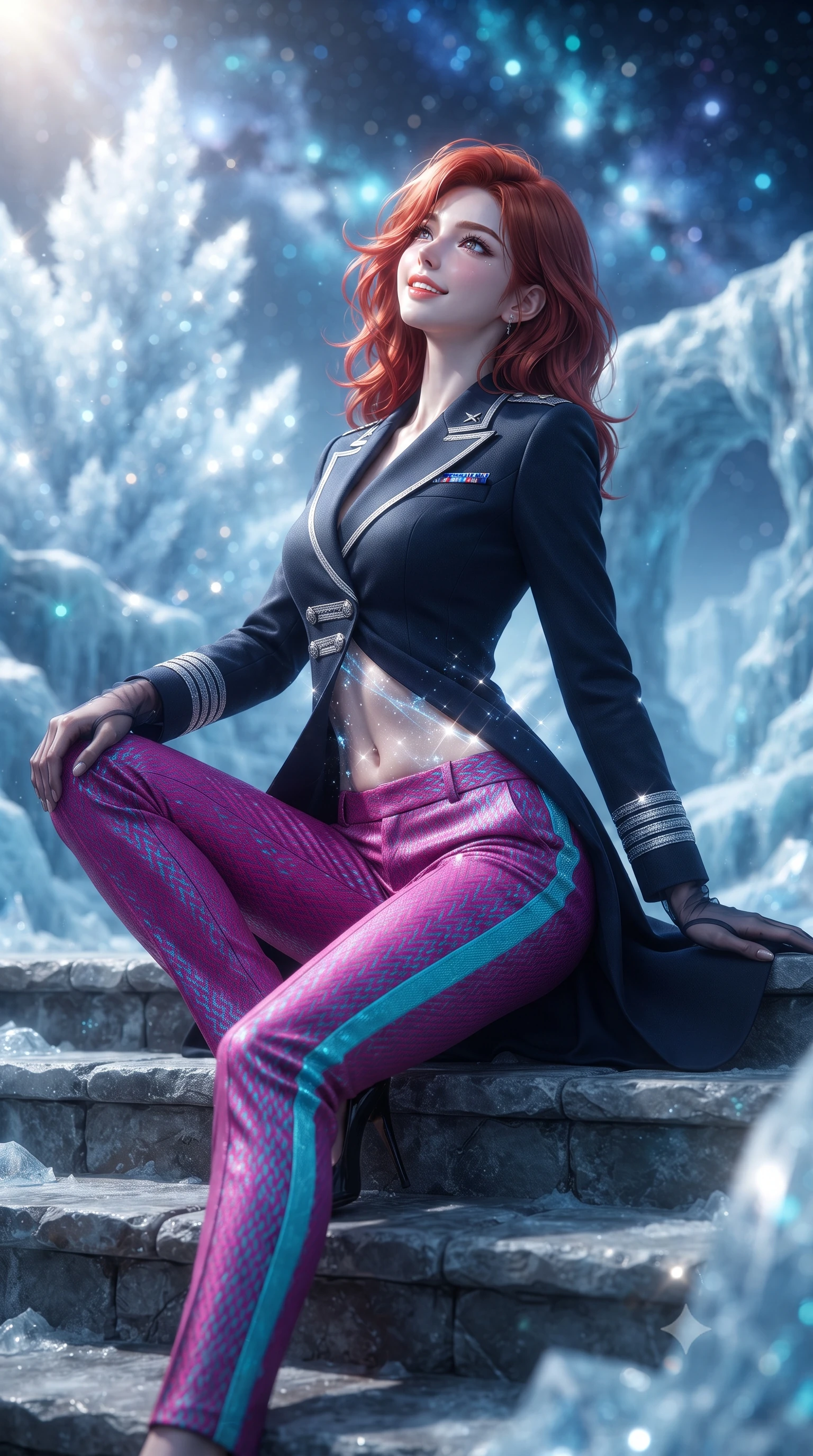 score_9, masterpiece, best quality, ultra-detailed, high-budget anime keyframe, editorial fashion photography, tasteful artistic composition, Korean woman. low angle full-body shot from head to toe showing her feet, filling the entire 9:16 vertical frame with her statuesque presence, stretching her vertical silhouette. sitting poised on the stone steps with one knee bent, arching her spine with supermodel elegance as she glances upward through thick eyelashes while twisting her slender torso in an alluring S-curve, shimmering ice crystal reflections and starlight painting sensual light ribbons across her flat midriff and hips. The background shows a soft-focus colossal plumes of frozen ice crystals sparkling in distant sunlight, jagged glacial arches, and deep space star nebulae blurred into diamond, sapphire, and cyan bokeh. She has an exceptionally tall and slender model-like 8.5-heads proportion, an ultra-slim waist, a flat toned midriff, narrow delicate ribcage, and beautifully sculpted feminine hips creating a graceful, slim hourglass silhouette without any bulky heaviness, with impossibly long slender legs. sharp v-shaped jawline, high-bridge nose, intricate jewel-like sparkling eyes with depth, thick eyelashes, glossy parted lips with a natural peach sheen, bright cheerful beaming smile with an enchanting and coquettish sensual glint, exuding both youthful cute charm and seductive allure, flawlessly proportioned anatomical accuracy, strict slender model proportions, natural body alignment, perfectly sculpted long slender limbs, ultra-slim waistline, clean dynamic posture without body distortion. wearing a tailored flight command officer coat in midnight navy with structured lapels, metallic rank braids, and tailored slim trousers in Shinjuku acid-rain magenta and cyan neon, woven from structured carbon-fiber jacquard with rich textural depth, complemented by sheer opera-length evening gloves tracing her slender arms, the impeccably tailored cut draping gracefully along her slender figure with aristocratic poise. illuminated by crystal plume reflection bounce and sharp diamond-white rim lights defining her jawline, narrow waist, and curvy hips. ultra-reflective glossy finish, specular highlights, rich textural contrasts, high-contrast stereoscopic depth, volumetric dynamic lighting, 2k, ultra detail, master piece, 9:16 ratio