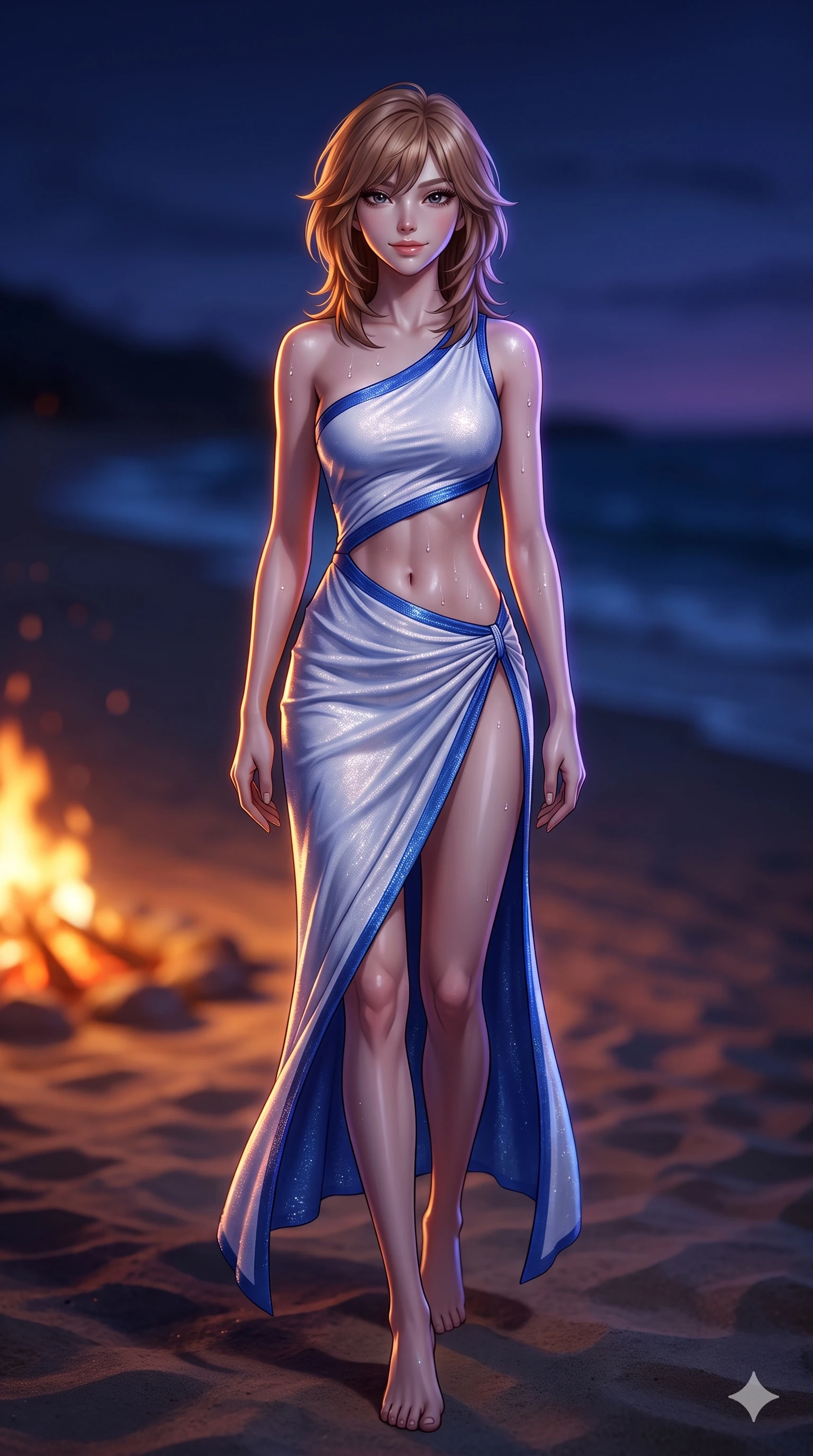 score_9, masterpiece, best quality, ultra-detailed, high-budget anime keyframe, semi-realistic 3D game render, editorial fashion photography, tasteful artistic composition, Korean woman. low angle full-body shot from head to toe showing her feet, filling the entire 9:16 vertical frame with her statuesque presence, stretching her vertical silhouette. stepping forward in a confident stride, her long slender legs and curvaceous hips creating a dynamic, sweeping vertical line while twisting her slender torso in an alluring S-curve, dancing amber firelight and cool indigo twilight tracing her narrow waist and curvy hips. The background shows a soft-focus romantic beach campfire atmosphere softened in midnight shoreline shallow focus. She has an absolutely perfect, statuesque 8.5-heads proportion, an exceptionally tall and slender model-like female figure with impossibly long slender legs, an ultra-slim waist, a flat toned midriff, narrow delicate ribcage, and beautifully sculpted feminine hips creating a graceful, slim hourglass silhouette without any bulky heaviness. sharp v-shaped jawline, high-bridge nose, sparkling eyes with hypnotic seductive depth, thick curled eyelashes, glossy parted lips with a natural dewy peach sheen, alluring bedroom-eyes with an enchanting coquettish smile, exuding magnetic siren charisma and sophisticated glamour, flawlessly proportioned anatomical accuracy, strict slender model proportions, natural body alignment, perfectly sculpted long slender limbs, ultra-slim waistline, clean dynamic posture without body distortion. wearing an asymmetric one-shoulder liquid jersey resort gown with dramatic hip-high slit and waist cutout in Mykonos whitewash and cobalt blue, woven from stretch metallic lurex jersey casting radiant starlight glints across her silhouette, finished with glistening drops of seawater beading across her sculpted shoulders and flat midriff, the liquid-tight tailored fabric clinging flawlessly to her narrow waist and rounded feminine hips, emphasizing every millimeter of her sculpted slim hourglass curves without any bulky heaviness. illuminated by white sand ground bounce and sharp amber-violet rim lights sculpting her razor-sharp jawline, narrow waist, and curvy hips. highly saturated vibrant anime colors, detailed shading with soft gradients, rich glossy textures, high-contrast stereoscopic depth, volumetric dynamic lighting, master piece, 9:16 ratio