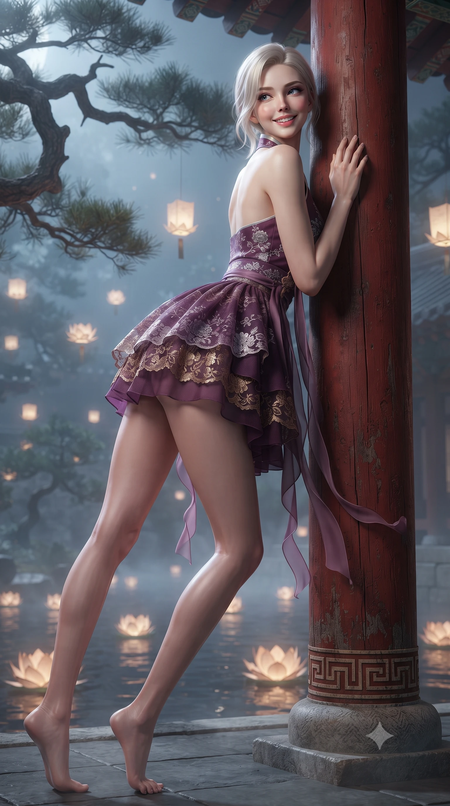 score_9, masterpiece, best quality, ultra-detailed, high-budget anime keyframe, editorial fashion photography, tasteful artistic composition, Caucasian woman. low angle full-body shot from head to toe showing her feet, filling the entire 9:16 vertical frame with her statuesque presence, stretching her vertical silhouette. leaning deep against the ancient temple wall with hips cocked back in an unapologetically alluring high-fashion stance, flashing a warm beaming smile while leaning against a vermilion wooden pillar with hips cocked back, looking over a bare shoulder with an alluring, coquettish smile through drifting night mist. The background shows a soft-focus ancient gnarled pine branches and floating paper lotus lanterns softened in royal Joseon shallow focus. She has an absolutely perfect, statuesque 8.5-heads proportion, an exceptionally tall and slender model-like female figure with impossibly long slender legs, an ultra-slim waist, a flat toned midriff, narrow delicate ribcage, and beautifully sculpted feminine hips creating a graceful, slim hourglass silhouette without any bulky heaviness. sharp v-shaped jawline, high-bridge nose, intricate jewel-like dark sparkling almond eyes with depth, thick lashes, glossy parted lips with a natural rose-plum sheen, bright alluring and coquettish smile with bedroom-eyes, exuding both timeless oriental elegance and sovereign high-fashion allure, flawlessly proportioned anatomical accuracy, strict slender model proportions, natural body alignment, perfectly sculpted long slender limbs, ultra-slim waistline, clean dynamic posture without body distortion. wearing a modern halter-neck fusion hanbok bodice with delicate silver embroidery and a fluttering layered chiffon wrap mini skirt in rich plum violet and gilded bronze embroidery, woven from delicate semi-opaque floral lace with oriental peony patterns, accented with flowing gossamer silk ribbons that flutter dynamically in the evening breeze, the glove-like silhouette tightly following the natural contour of her hips and long slender legs with youthful 8.5-heads elegance. illuminated by warm paper lantern reflections on the pond water and sharp platinum rim lights defining her razor-sharp jawline, narrow waist, and curvy hips. ultra-reflective glossy finish, specular highlights, rich textural contrasts, high-contrast stereoscopic depth, volumetric dynamic lighting, 2k, ultra detail, master piece, 9:16 ratio
