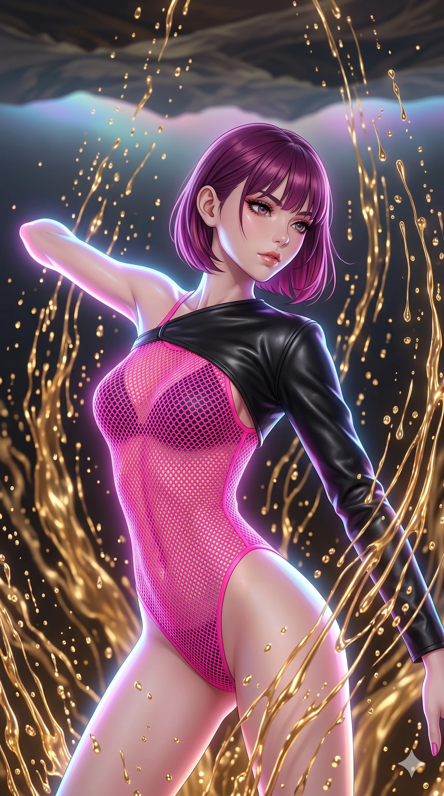 score_9, masterpiece, best quality, ultra-detailed, high-budget anime keyframe, Caucasian woman, strictly human ears. upper body close-up from the thighs up, character filling the screen for maximum presence. dodging ethereal liquid gold rain that rises upward from the ground in warm shimmering droplets under an inverted gravity field. She has an absolutely perfect 8-heads proportion, an exceptionally tall and slender female figure with impossibly long slender legs and an ultra-slim waist. V-shaped jawline, high-bridge nose, intricate jewel-like eyes with depth, thick eyelashes, glossy lips with a natural sheen.. wearing a fluorescent pink mesh bodysuit, styled with a cropped single-sleeve black leather shrug for a bold stage look. enhanced by a luminous pastel spectrum glow, casting elegant rim lights on her shoulders and jawline. 2k, ultra detail, master piece, 9:16 ratio