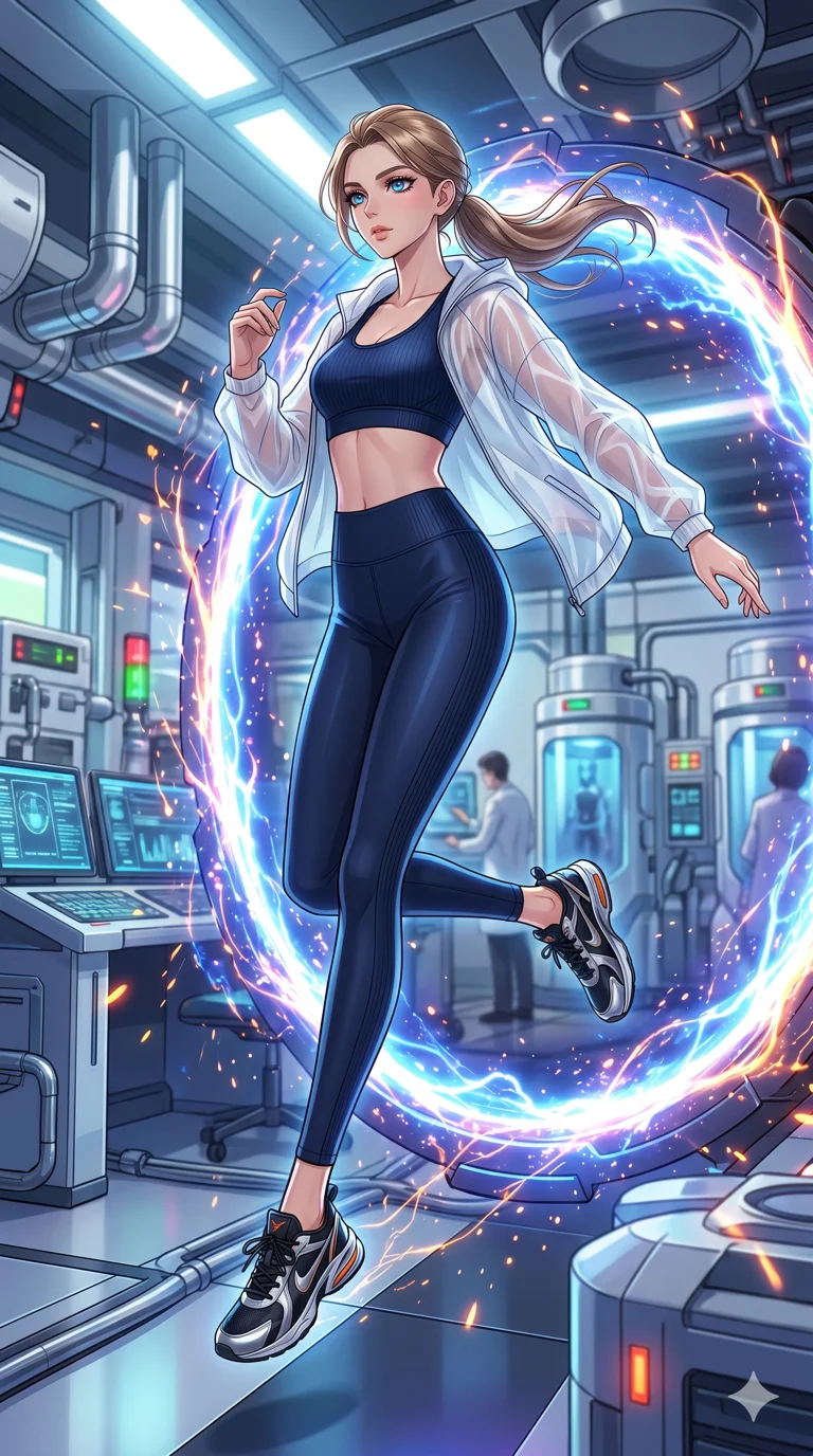 score_9, masterpiece, best quality, ultra-detailed, High-budget Anime Keyframe, beautiful Caucasian anime girl (strictly human ears). Dynamic full-body shot stretching the vertical silhouette with her statuesque presence. Leaping through a ring of glowing plasma in a high-tech laboratory. She has an absolutely perfect 8-heads proportion, an exceptionally tall and slender female figure with impossibly long slender legs and an ultra-slim waist. Sharp v-shaped jawline, high-bridge nose, intricate jewel-like eyes with depth, thick eyelashes, glossy lips with a natural sheen. Wearing a Premium Athleisure outfit: midnight blue ribbed sports bra and leggings set, sheer windbreaker, sleek high-performance activewear. Background is a bright and colorful environment with cinematic lighting, dynamic particle effects, and high-contrast shadows. 2k, ultra detail, master piece, 9:16 ratio