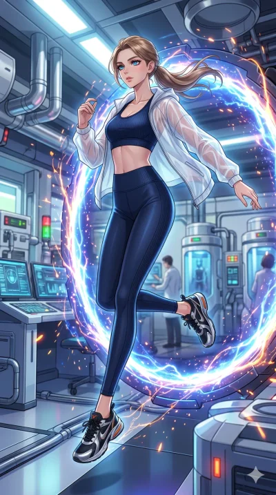 score_9, masterpiece, best quality, ultra-detailed, High-budget Anime Keyframe, beautiful Caucasian anime girl (strictly human ears). Dynamic full-body shot stretching the vertical silhouette with her statuesque presence. Leaping through a ring of gl