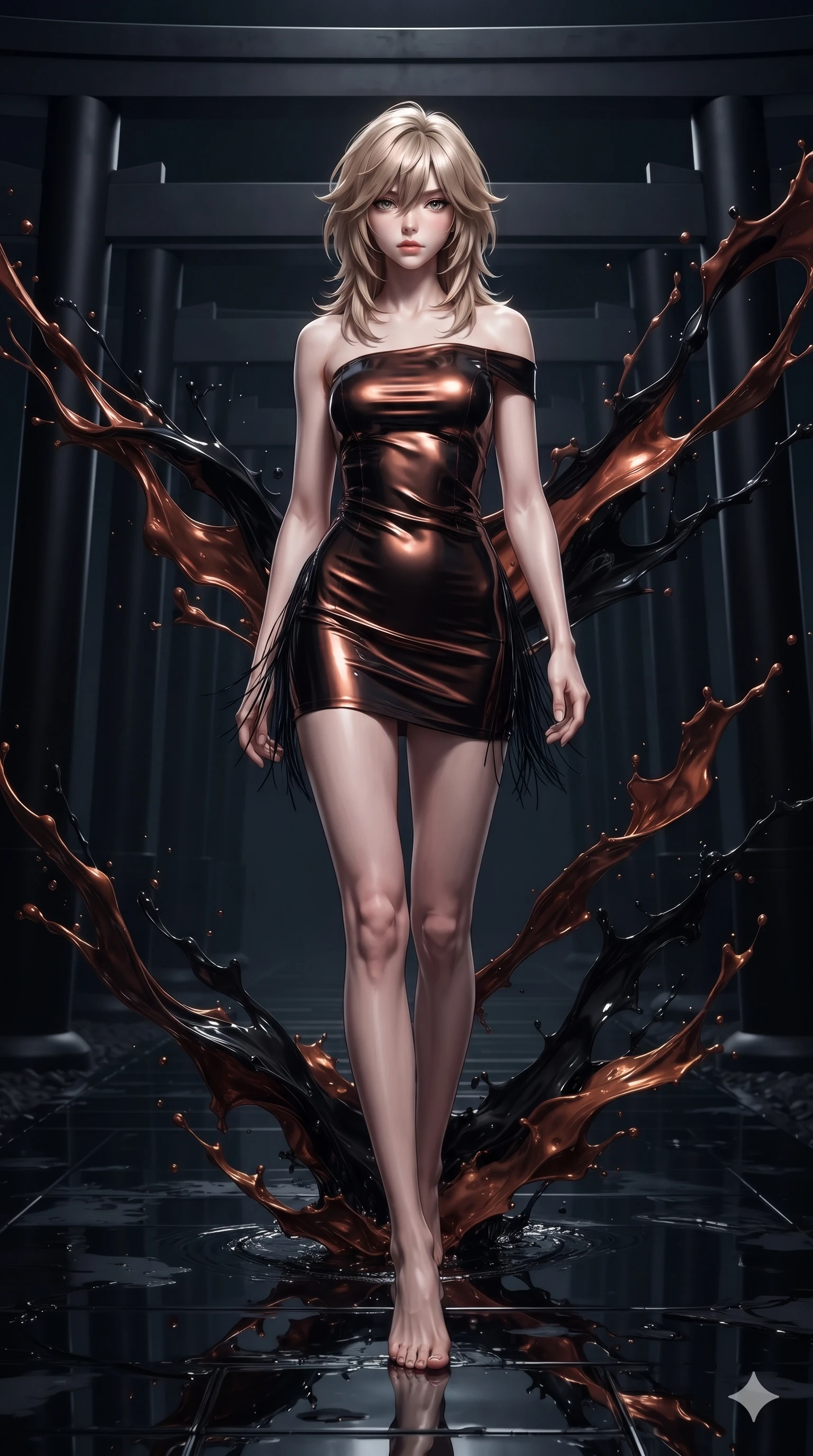score_9, masterpiece, best quality, ultra-detailed, high-budget anime keyframe, editorial fashion photography, tasteful artistic composition, Japanese woman. low angle full-body shot from head to toe showing her feet, filling the entire 9:16 vertical frame with her statuesque presence, stretching her vertical silhouette. walking through the endless corridor of black lacquer Torii gates at midnight with hypnotic feline grace while poised on a dark reflective glass floor drenched in dark fluid paint splashes, dynamic paint splash trails framing her slender athletic silhouette. The background shows a soft-focus suspended splashes of dark acrylic paint, cold studio shadows, and distant gallery floodlights blurred into charcoal, pitch-black, and obsidian bokeh. She has an absolutely perfect, statuesque 8.5-heads proportion, an exceptionally tall and slender model-like female figure with impossibly long slender legs, an ultra-slim waist, a flat toned midriff, narrow delicate ribcage, and beautifully sculpted feminine hips creating a graceful, slim hourglass silhouette without any bulky heaviness. sharp v-shaped jawline, high-bridge nose, intricate jewel-like dark sparkling eyes with hypnotic seductive depth, thick curled eyelashes, glossy parted lips with a natural wine sheen, alluring bedroom-eyes with an enigmatic smoldering smile, exuding magnetic sovereign charisma and dark avant-garde glamour, flawlessly proportioned anatomical accuracy, strict slender model proportions, natural body alignment, perfectly sculpted long slender limbs, ultra-slim waistline, clean dynamic posture without body distortion. wearing a backless liquid vinyl mini slip dress with bare shoulder neckline in dark burnt copper and matte black, crafted from wet-look high-gloss vinyl fabric with dazzling specular surface reflections, finished with delicate jet-black micro-fringe fluttering softly along her hips with each step, the bespoke structured tailoring following the natural line of her 8.5-heads silhouette with refined elegance. illuminated by reflective glass floor bounce and sharp silver-mercury rim lights sculpting her razor-sharp jawline, narrow waist, and curvy hips. ultra-reflective glossy finish, specular highlights, metallic sheen, high-contrast stereoscopic depth, volumetric dynamic lighting, 2k, ultra detail, master piece, 9:16 ratio