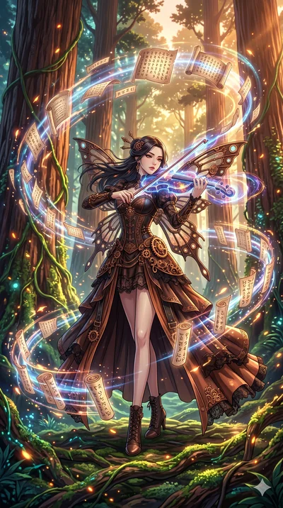 score_9, masterpiece, best quality, ultra-detailed, Set A: High-budget Anime Keyframe, Korean woman. Low angle cowboy shot filling the entire 9:16 frame with her statuesque presence. Theme: Abstract Cosmic. playing a holographic violin in a giant red