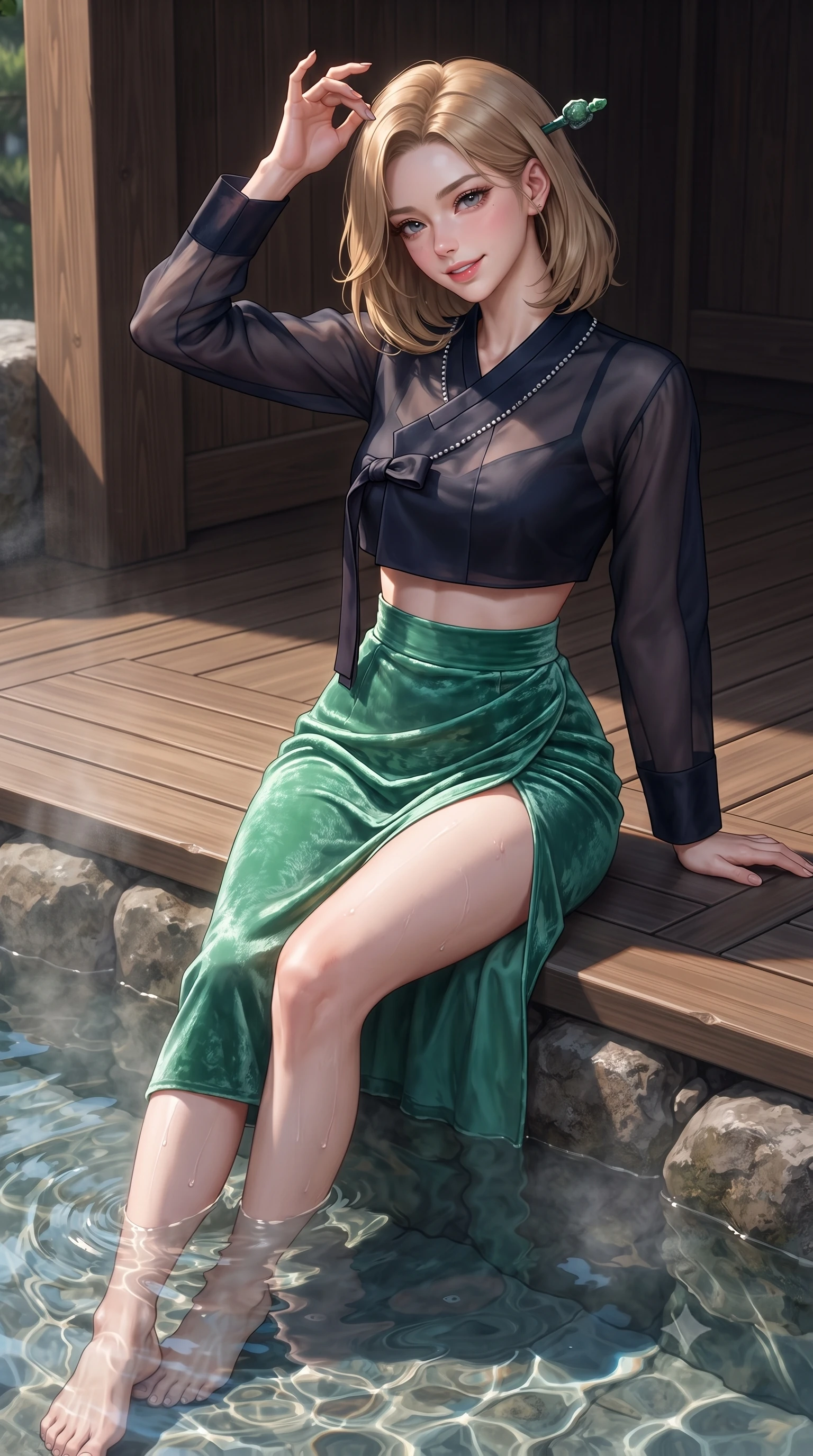 score_9, masterpiece, best quality, ultra-detailed, high-budget anime keyframe, editorial fashion photography, tasteful artistic composition, Korean woman. close-up cowboy shot from the waist and thighs up, the character dominates the composition, filling the frame with her large presence. tilting her head with an alluring smile while arching her spine with dancer poise, one hand touching her ornate jade hairpin in a flirtatious S-curve while sitting gracefully on the heated wooden deck with legs dipping in the hot spring, her sleek loungewear radiating cozy sensual warmth. The surrounding environment is rendered in vivid detail and crisp panoramic clarity: sharp hinoki cypress wood grain, natural stone tub textures, and crystal-clear steaming spring water ripples in deep focus. She has an exceptionally elegant, slender, and willowy female figure with an ultra-slim waist, flat toned midriff, narrow ribcage, and sculpted feminine hips creating an alluring, slim hourglass silhouette without bulk. sharp v-shaped jawline, high-bridge nose, intricate jewel-like dark sparkling almond eyes with depth, thick lashes, glossy parted lips with a natural rose-plum sheen, bright alluring and coquettish smile with bedroom-eyes, exuding both timeless oriental elegance and sovereign high-fashion allure, flawlessly proportioned anatomical accuracy, strict slender model proportions, natural body alignment, perfectly sculpted long slender limbs, ultra-slim waistline, clean dynamic posture without body distortion. wearing a cropped semi-sheer silk organza jeogori top paired with an ultra-high-waisted wrapped chima skirt featuring a dramatic thigh-high side slit in deep midnight obsidian and luminous imperial jade green, crafted from sumptuous crushed winter velvet with deep light-absorbing plushness, finished with subtle crystal rhinestones tracing the elegant neckline, the form-fitting tailored bodice adhering flawlessly to her sculpted flat midriff and slender torso, emphasizing her long leg lines and perfectly proportioned willowy build. illuminated by hot spring water caustics and sharp platinum rim lights carving her razor-sharp jawline, narrow waist, and curvy hips. ultra-reflective glossy finish, specular highlights, rich textural contrasts, high-contrast stereoscopic depth, volumetric dynamic lighting, 2k, ultra detail, master piece, 9:16 ratio