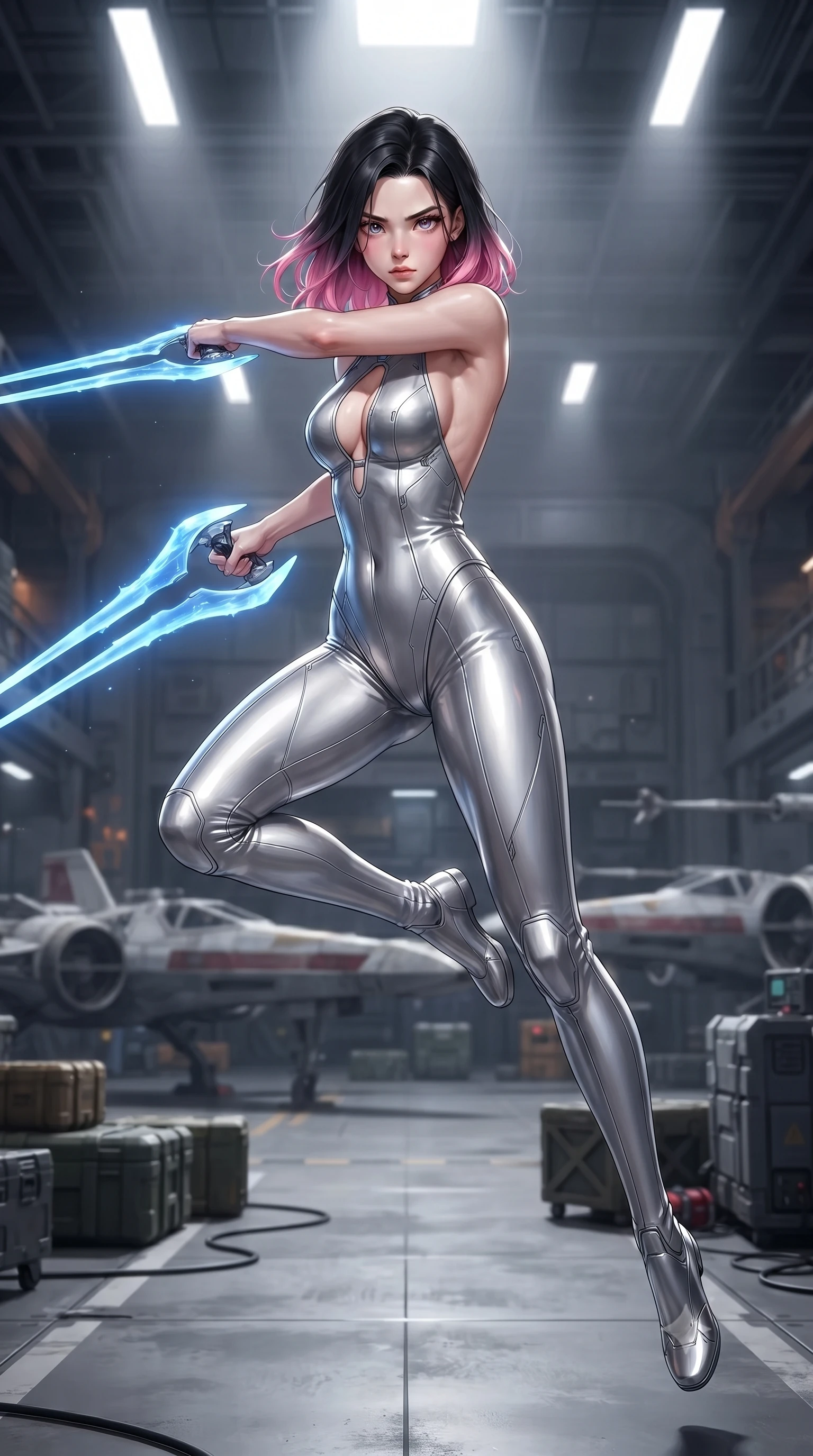 score_9, masterpiece, best quality, ultra-detailed, high-budget anime keyframe, editorial fashion photography, tasteful artistic composition, Korean woman. low angle full-body shot from head to toe showing her feet, filling the entire 9:16 vertical frame with her statuesque presence, stretching her vertical silhouette. leaping forward while slashing with a twin-bladed plasma sword in mid-air, her body-contouring suit showing her athletic silhouette, the background shows a soft-focus a citadel hangar bay with parked fighter spacecrafts and cargo crates. She has an absolutely perfect, statuesque 8.5-heads proportion, an exceptionally tall and slender model-like female figure with impossibly long slender legs and an ultra-slim waist. sharp v-shaped jawline, high-bridge nose, intricate jewel-like eyes with depth, thick eyelashes, glossy lips with a natural sheen. wearing a body-hugging backless combat bodysuit in metallic silver, featuring a plunging keyhole cutout and low-cut back. focused overhead white spotlights highlighting metallic textures on her gear. ultra-reflective glossy finish, specular highlights, metallic sheen, high-contrast stereoscopic depth, volumetric dynamic lighting, 2k, ultra detail, master piece, 9:16 ratio