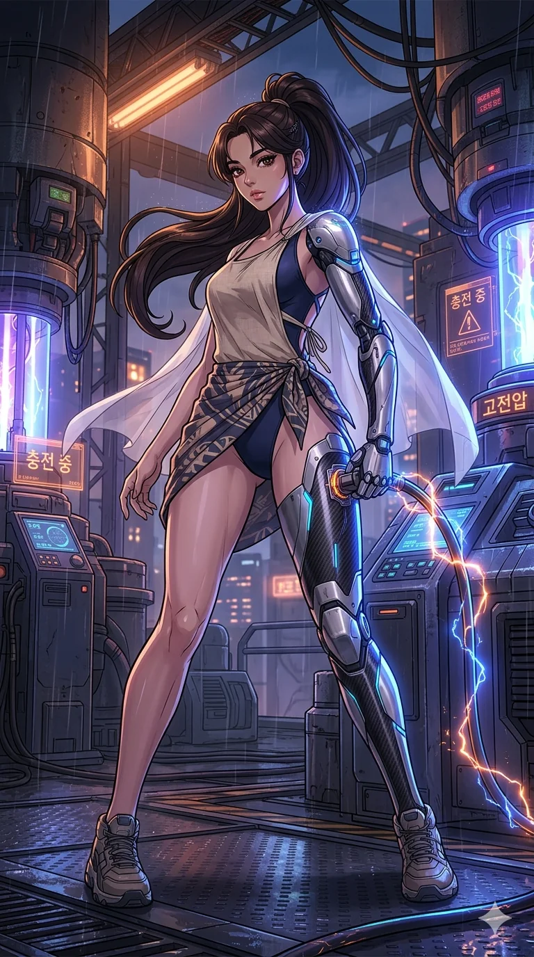 score_9, masterpiece, best quality, ultra-detailed, high-budget anime movie keyframe, cinematic anime lighting, intricate line art, Korean anime girl. Low angle cowboy shot capturing a powerful motion and statuesque presence. recharging her cybernetic limbs at a high-speed power station. She has an absolutely perfect 8-heads proportion, an exceptionally tall and slender female figure with an ultra-slim waist and impossibly long slender legs. strictly human anatomy, two legs only, no extra limbs, clearly defined legs and arms, perfect anatomy, perfect hands and fingers. sharp v-shaped jawline, high-bridge nose, intricate jewel-like eyes, thick eyelashes, glossy lips. Wearing Seasonal/Resort: High-cut one-piece with sarong, linen sundress with tie-back, and sheer fabric wrap. The scene is illuminated by dramatic atmospheric lighting and vibrant color palettes. , 2k, ultra detail, master piece, 9:16 ratio