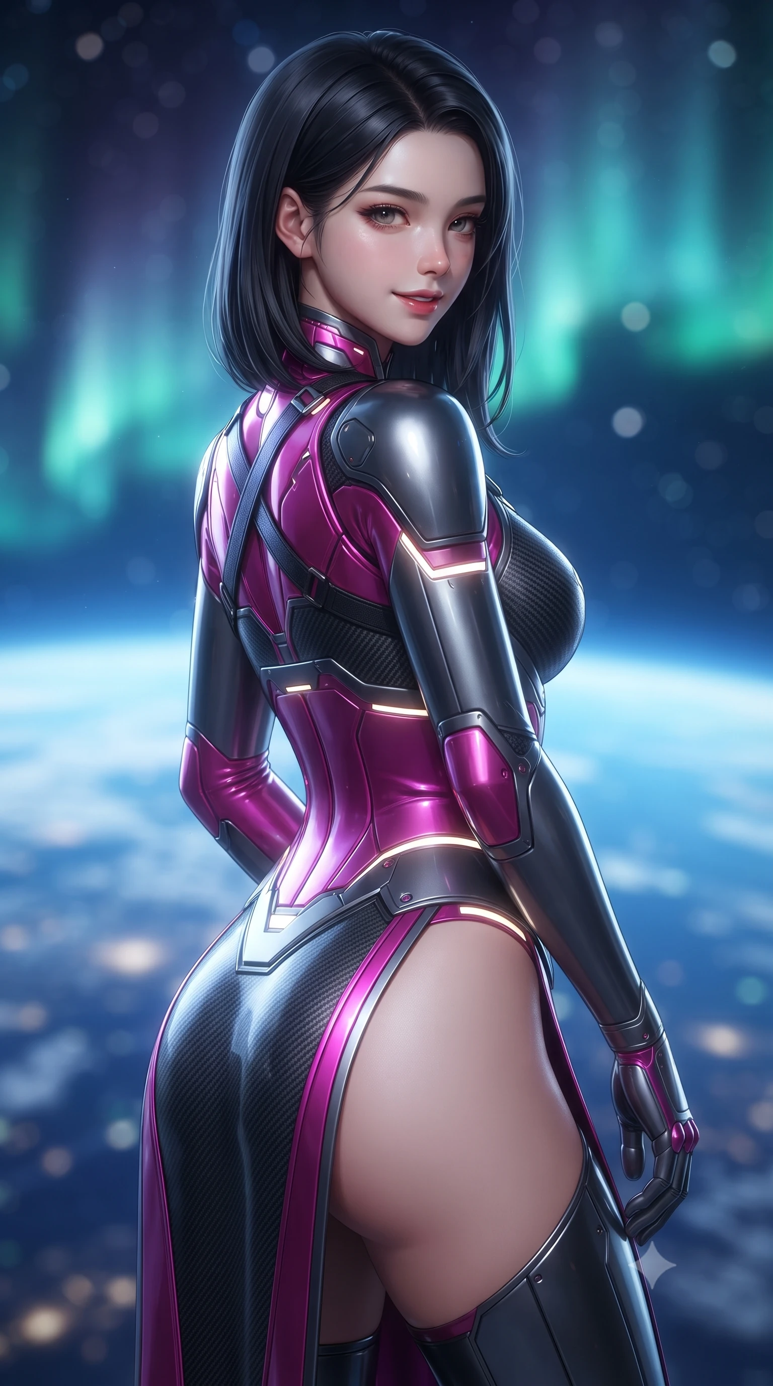 score_9, masterpiece, best quality, ultra-detailed, high-budget anime keyframe, editorial fashion photography, tasteful artistic composition, Korean woman. close-up cowboy shot from the waist and thighs up, the character dominates the composition, filling the frame with her large presence. turning slowly with a smoldering smile, her sleek hair catching the cockpit HUD rim light as her hips angle gracefully in a captivating contrapposto while twisting her slender torso in an alluring contrapposto stance, cosmic starlight and auroral ribbons sculpting her tight combat suit against her waist and hips. The background shows a soft-focus the luminous blue curvature of Earth and shimmering emerald polar auroras blurred into sapphire, turquoise, and starlight bokeh. She has an exceptionally elegant, slender, and willowy female figure with an ultra-slim waist, flat toned midriff, narrow ribcage, and sculpted feminine hips creating an alluring, slim hourglass silhouette without bulk. sharp v-shaped jawline, high-bridge nose, intricate jewel-like sparkling eyes with depth, thick eyelashes, glossy parted lips with a natural sheen, bright confident smile with an enchanting and coquettish sensual glint, exuding both youthful magnetic charm and sovereign high-tech allure, flawlessly proportioned anatomical accuracy, strict slender model proportions, natural body alignment, perfectly sculpted long slender limbs, ultra-slim waistline, clean dynamic posture without body distortion. wearing a cyber-samurai tactical suit featuring a shortened carbon chestplate and high-slit armored wrap skirt in deep titanium gunmetal and radiant magenta neon, formed from supple thermal silicone composite adhering seamlessly like a second skin, finished with criss-cross Kevlar tactical straps tracing her graceful shoulder blades, the liquid-tight tailored fabric clinging flawlessly to her narrow waist and rounded feminine hips, emphasizing every millimeter of her sculpted slim hourglass curves without any bulky heaviness. illuminated by internal skybridge LED pathway wash and sharp platinum rim lights defining her sculpted collarbones, ultra-slim waist, and curvy hips. ultra-reflective glossy finish, specular highlights, rich textural contrasts, high-contrast stereoscopic depth, volumetric dynamic lighting, 2k, ultra detail, master piece, 9:16 ratio