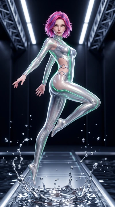 score_9, masterpiece, best quality, ultra-detailed, high-budget anime keyframe, semi-realistic 3D game render, editorial fashion photography, tasteful artistic composition, Caucasian woman. low angle full-body shot from head to toe showing her feet, 