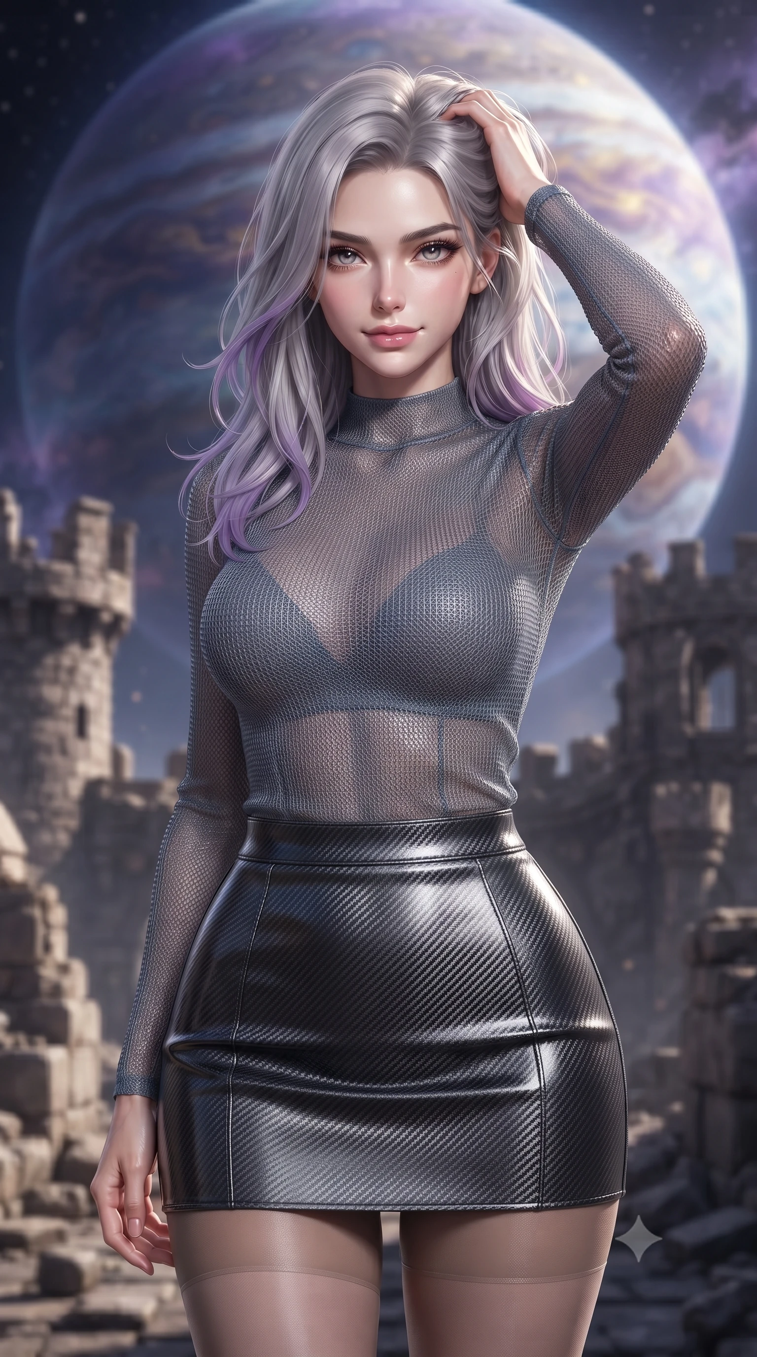 score_9, masterpiece, best quality, ultra-detailed, high-budget anime keyframe, editorial fashion photography, tasteful artistic composition, Caucasian woman. close-up cowboy shot from the waist and thighs up, the character dominates the composition, filling the frame with her large presence, background elements kept in soft focus. slowly running a hand through her hair, smiling with quiet, magnetic self-assurance directly into the camera, the background shows a soft-focus ruined stone battlements of a citadel suspended in orbit around a gas planet. She has an exceptionally elegant, slender, and willowy female figure with an ultra-slim waist, a gracefully sculpted slender torso, and a refined silhouette. sharp v-shaped jawline, high-bridge nose, intricate jewel-like eyes with depth, thick eyelashes, glossy lips with a natural sheen. wearing a body-hugging semi-transparent mesh top in slate grey, paired with a carbon-fiber mini skirt and sheer stockings. cosmic background light painting the ancient stone walls in a soft wash. ultra-reflective glossy finish, specular highlights, metallic sheen, high-contrast stereoscopic depth, volumetric dynamic lighting, 2k, ultra detail, master piece, 9:16 ratio