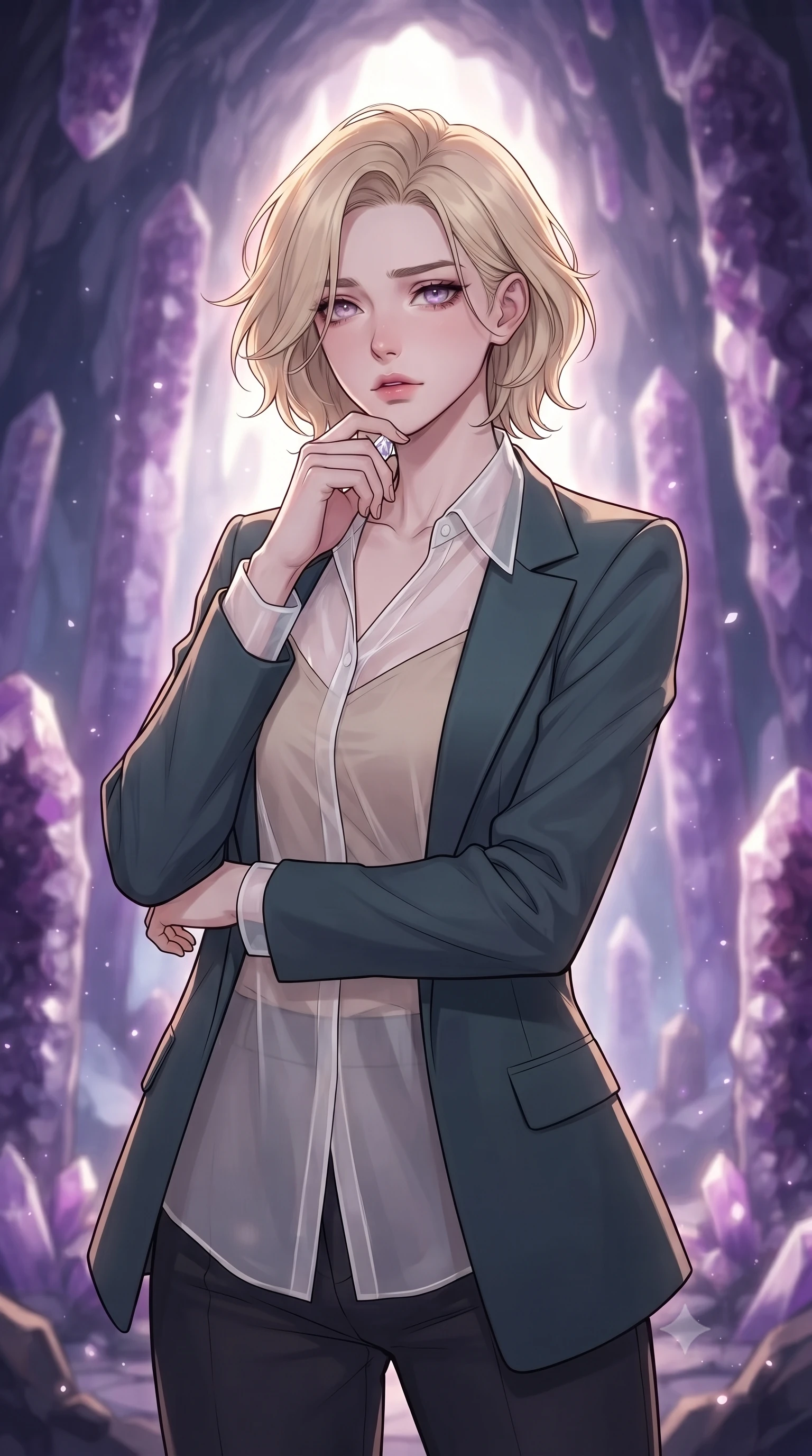 score_9, masterpiece, best quality, ultra-detailed, high-budget anime keyframe, gorgeous anime illustration, with clean line-art and distinct ink outlines, Caucasian woman, strictly human ears. close-up cowboy shot from the waist and thighs up, the character dominates the composition, filling the frame with her large presence, background elements kept in soft focus. Gazing into the distance with a wistful melancholic expression and softly glowing eyes. set against a soft-focus background of inside a massive cavern filled with giant purple amethyst geode pillars that stretch from floor to ceiling, floating quartz dust particles glowing in the air. She has an exceptionally elegant and slender, willowy female figure with an ultra-slim waist, a gracefully sculpted slender torso, and a refined slim physique. sharp v-shaped jawline, high-bridge nose, intricate jewel-like eyes with depth, thick eyelashes, glossy lips with a natural sheen. wearing a semi-transparent white organza blouse layered naturally over a beige camisole, under a structured blazer. dramatic backlight creating a radiant halo effect around her entire silhouette. 2k, ultra detail, master piece, 9:16 ratio, vibrant anime color palette, detailed cel-shading with soft gradients, rich contrast, dynamic lighting, 2d animation style
