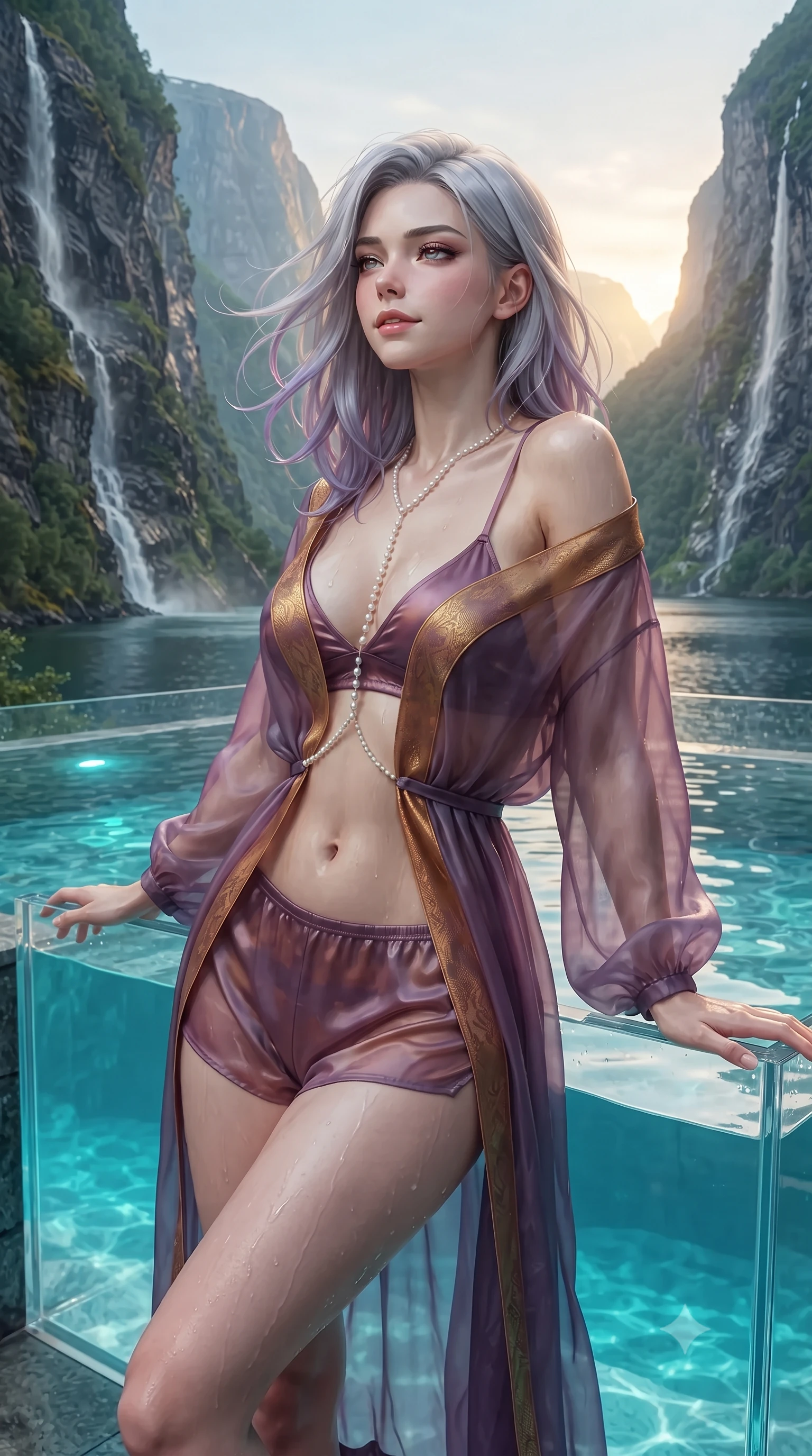 score_9, masterpiece, best quality, ultra-detailed, high-budget anime keyframe, editorial fashion photography, tasteful artistic composition, Caucasian woman. close-up cowboy shot from the waist and thighs up, the character dominates the composition, filling the frame with her large presence. turning slowly with an enchanting smoldering smile, her glossy hair tossing in the breeze as her hips angle gracefully in a captivating contrapposto while leaning against the acrylic infinity pool rim with hips cocked back, looking up at sheer 1,000-meter vertical granite cliffs and tumbling waterfalls with heavy-lidded bedroom-eyes. The surrounding environment is rendered in vivid detail and crisp panoramic clarity: detailed outfit texture, wet cling or bodycon fit, and breathtaking fjord engineering in razor-sharp precision. She has an exceptionally elegant, slender, and willowy female figure with an ultra-slim waist, flat toned midriff, narrow ribcage, and sculpted feminine hips creating an alluring, slim hourglass silhouette without bulk. sharp v-shaped jawline, high-bridge nose, intricate jewel-like sparkling eyes with depth, thick eyelashes, glossy parted lips with a natural peach sheen, bright cheerful beaming smile with an enchanting and coquettish sensual glint, exuding both youthful cute charm and seductive allure, flawlessly proportioned anatomical accuracy, strict slender model proportions, natural body alignment, perfectly sculpted long slender limbs, ultra-slim waistline, clean dynamic posture without body distortion. wearing a sheer silk organza modern caftan robe worn loose and slipping off bare shoulders over a matching satin bralette and micro-shorts in Scottish Highlands heather thistle purple and antique hearth ember gold, made of fluid liquid jersey with seamless sculpting hold and smooth contours, accented with a pearl-drop body harness subtly framing her dewy collarbones and spine, the second-skin tailored fabric adhering flawlessly to her sculpted flat midriff and slender torso, emphasizing her long leg lines and perfectly proportioned willowy build. bathed in underwater pool turquoise LEDs combined with golden late-evening sun filtering between narrow mountain gaps. ultra-reflective glossy finish, specular highlights, rich textural contrasts, high-contrast stereoscopic depth, volumetric dynamic lighting, 2k, ultra detail, master piece, 9:16 ratio