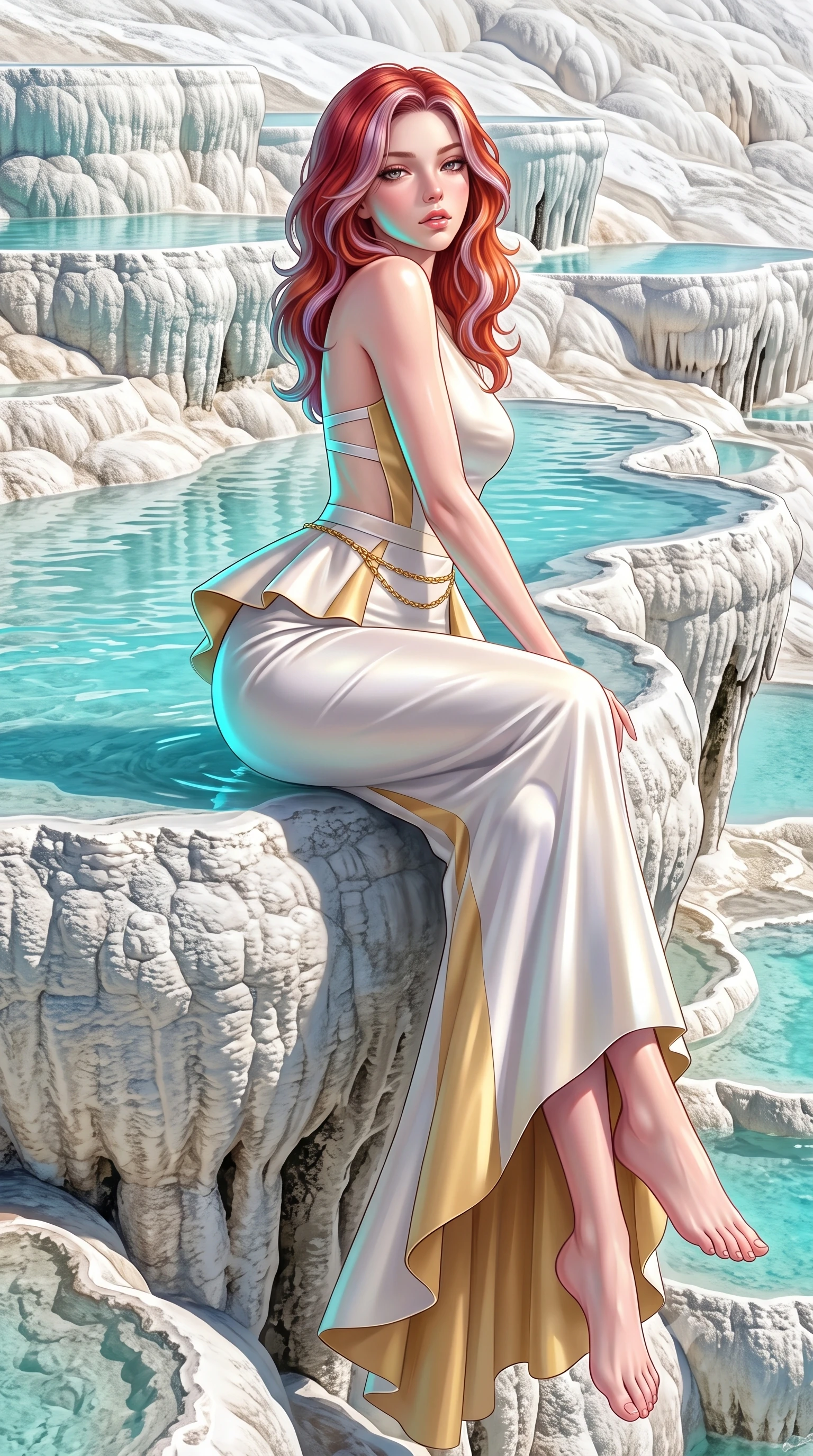 score_9, masterpiece, best quality, ultra-detailed, high-budget anime keyframe, semi-realistic 3D game render, editorial fashion photography, tasteful artistic composition, Caucasian woman. low angle full-body shot from head to toe showing her feet, filling the entire 9:16 vertical frame with her statuesque presence, stretching her vertical silhouette. sitting perched on the elevated edge with hips angled toward the camera and legs crossed, displaying her toned midriff and flawlessly sculpted slender limbs while sitting on the smooth calcified white mineral rim with legs crossed, looking over her bare shoulder with sun-dazed, seductive bedroom-eyes. The surrounding environment is rendered in vivid detail and crisp panoramic clarity. sharp calcium travertine ripple textures, mineral water surface tension, and terraced cliff contours in deep focus. She has an exceptionally tall and slender model-like 8.5-heads proportion, an ultra-slim waist, a flat toned midriff, narrow delicate ribcage, and beautifully sculpted feminine hips creating a graceful, slim hourglass silhouette without any bulky heaviness, with impossibly long slender legs. sharp v-shaped jawline, high-bridge nose, intricate jewel-like eyes with depth, thick eyelashes, glossy parted lips with a natural sheen, intensely captivating and seductive bedroom-eyes expression, flawlessly proportioned anatomical accuracy, strict slender model proportions, natural body alignment, perfectly sculpted long slender limbs, ultra-slim waistline, clean dynamic posture without body distortion. wearing a structural geometric peplum gown with sheer side-ribbon cutouts and form-fitting skirt in pure alabaster white and sun-kissed gold, tailored from ultra-smooth duchess satin with a pearlescent sheen, accented with a delicate gold chain belt resting loosely on her curvy hips, the second-skin form-contouring cut accentuating her sculpted flat midriff, narrow delicate ribcage, and gracefully curvy hips with supermodel precision. illuminated by luminous turquoise water reflections sharply carving her razor-sharp jawline, narrow waist, and curvy hips. highly saturated vibrant anime colors, detailed shading with soft gradients, rich glossy textures, high-contrast stereoscopic depth, volumetric dynamic lighting, master piece, 9:16 ratio