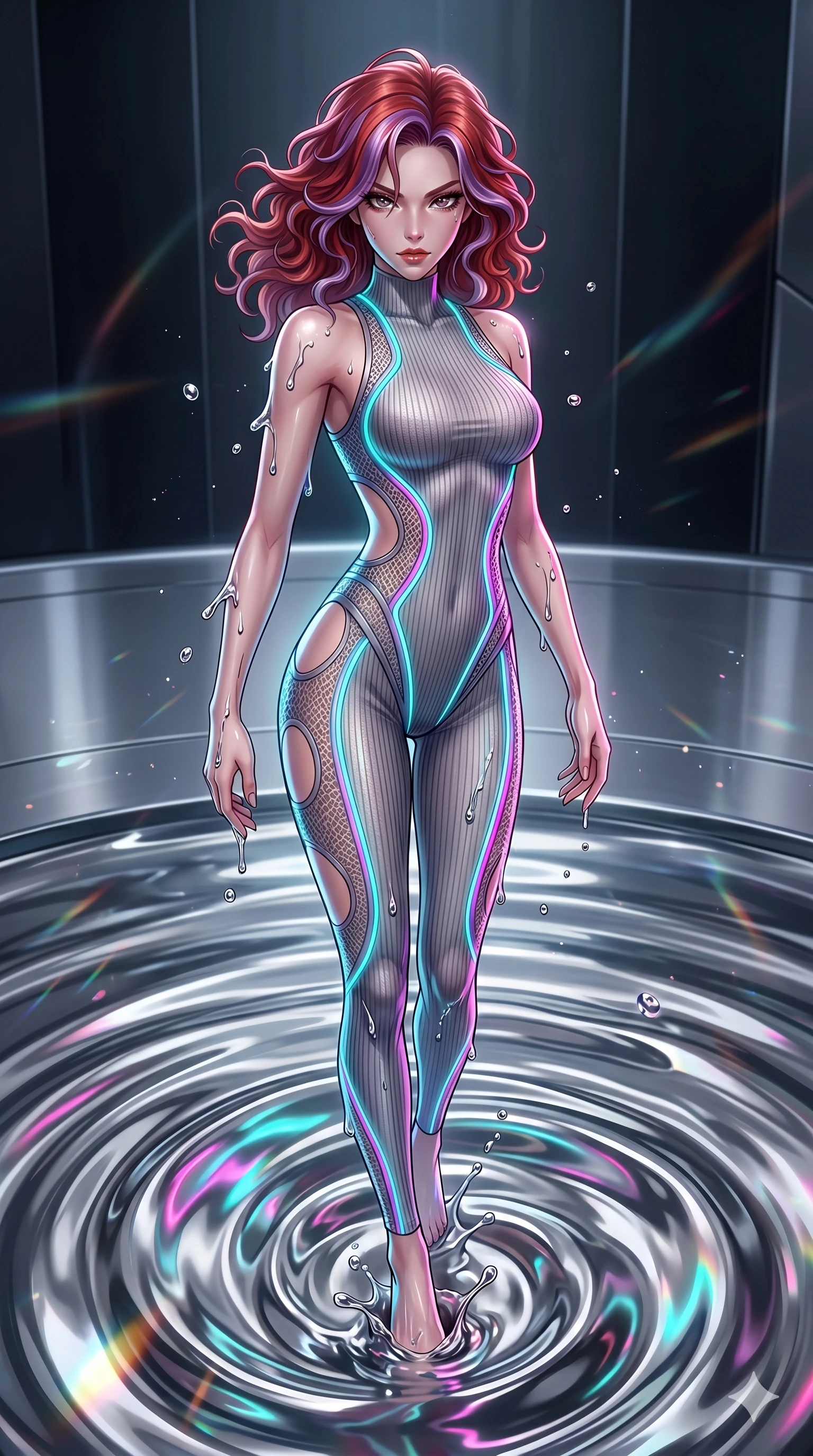score_9, masterpiece, best quality, ultra-detailed, High-budget Anime Keyframe, East Asian woman. Dynamic full-body shot stretching the vertical silhouette to the limit. Scenario 114: Rising from a pool of mercury-like liquid, droplets rolling off her skin. Her presence is magnetic and overpowering in this high-budget anime scene. Outfit 114: A ribbed bodycon knit micro-mesh with a strategic side cut-outs and glowing LED seams. The clothing is designed to emphasize her exceptionally tall and slender 8-heads proportion. 8-heads proportion, towering silhouette, ultra-slim waist. sharp v-shaped jawline, intricate jewel-like eyes with depth, thick eyelashes, glossy lips. 2k, ultra detail, master piece, 9:16 ratio