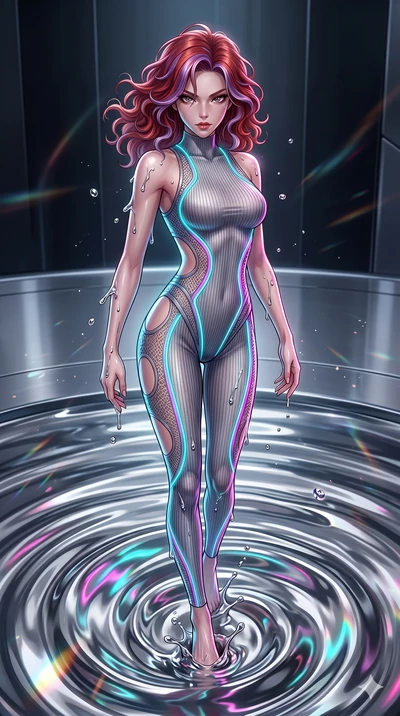 score_9, masterpiece, best quality, ultra-detailed, High-budget Anime Keyframe, East Asian woman. Dynamic full-body shot stretching the vertical silhouette to the limit. Scenario 114: Rising from a pool of mercury-like liquid, droplets rolling off he