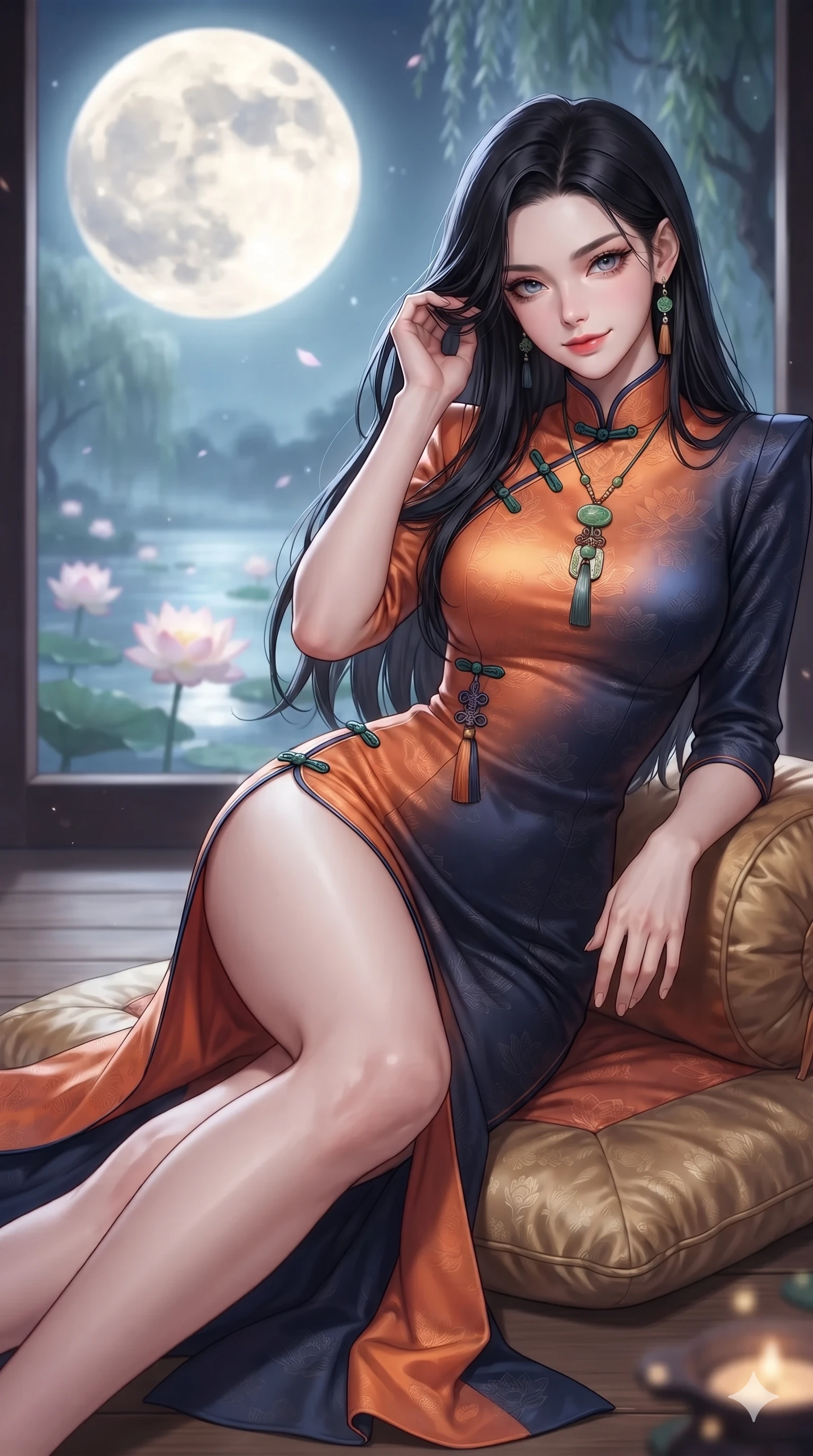score_9, masterpiece, best quality, ultra-detailed, high-budget anime keyframe, editorial fashion photography, tasteful artistic composition, Korean woman. close-up cowboy shot from the waist and thighs up, the character dominates the composition, filling the frame with her large presence. gently brushing a lock of silk hair behind her ear while casting a playful, flirtatious side-gaze with long eyelashes while lounging languidly on an antique silk floor cushion propped on one elbow, her flat midriff and long slender legs commanding the moonlit pavilion vista. The background shows a soft-focus the giant glowing harvest full moon, floating lotus blossoms, and misty willow trees blurred into silver, jade, and amethyst bokeh. She has an exceptionally elegant, slender, and willowy female figure with an ultra-slim waist, flat toned midriff, narrow ribcage, and sculpted feminine hips creating an alluring, slim hourglass silhouette without bulk. sharp v-shaped jawline, high-bridge nose, sparkling eyes with hypnotic seductive depth, thick curled eyelashes, glossy parted lips with a natural dewy peach sheen, alluring bedroom-eyes with an enchanting coquettish smile, exuding magnetic siren charisma and sophisticated glamour, flawlessly proportioned anatomical accuracy, strict slender model proportions, natural body alignment, perfectly sculpted long slender limbs, ultra-slim waistline, clean dynamic posture without body distortion. wearing a refined high-collar fusion qipao evening column gown with structured shoulders and modest jade toggle clasps in sunset tangerine orange and deep navy indigo, tailored from rich silk jacquard with subtle embossed lotus blossom patterns, finished with authentic carved jade pendants and traditional norigae knots, the bespoke structured tailoring following the natural line of her 8.5-heads silhouette with refined elegance. illuminated by pond surface moonbeam bounce and sharp platinum rim lights sculpting her razor-sharp jawline, narrow waist, and curvy hips. ultra-reflective glossy finish, specular highlights, rich textural contrasts, high-contrast stereoscopic depth, volumetric dynamic lighting, 2k, ultra detail, master piece, 9:16 ratio