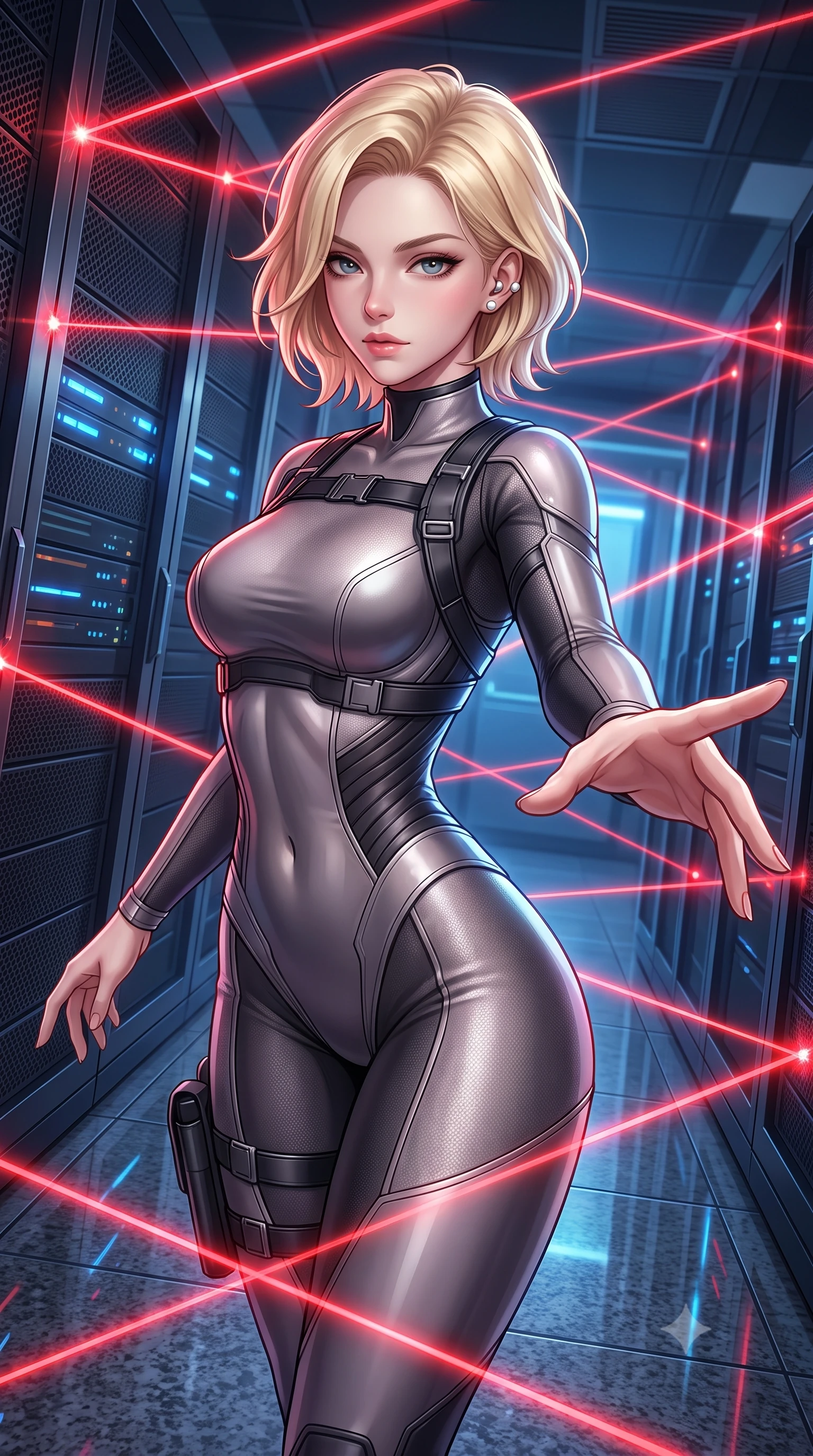 score_9, masterpiece, best quality, ultra-detailed, high-budget anime keyframe, semi-realistic 3D game render, editorial fashion photography, tasteful artistic composition, Caucasian woman. close-up cowboy shot from the waist and thighs up, the character dominates the composition, filling the frame with her large presence. extending one slender arm gracefully toward the foreground while casting an affectionate, mesmerizing glance while navigating a high-security mainframe server vault, contorting her slender athletic body in a flawless gymnastic evasion beneath glowing red laser grids. The surrounding environment is rendered in vivid detail and crisp panoramic clarity. sharp laser beam focus points, brushed dark titanium server rack grilles, and granite floor reflections in deep focus. She has an exceptionally elegant, slender, and willowy female figure with an ultra-slim waist, a gracefully sculpted slender torso, toned flat midriff, and a refined slim silhouette. sharp v-shaped jawline, high-bridge nose, intricate jewel-like eyes with depth, thick eyelashes, glossy lips with a natural sheen, captivating and magnetic expression, flawlessly proportioned anatomical accuracy, strict slender model proportions, natural body alignment, perfectly sculpted long slender limbs, ultra-slim waistline, clean dynamic posture without body distortion. wearing a form-contouring infiltration bodysuit with reinforced kevlar ribbing and magnetic utility harness in brushed dark platinum and obsidian leather, made of reinforced ripstop micro-mesh with thermal insulation lining, accessorized with a sleek concealed garter holster and pearl ear transmitter, the sleek tailored cut tightly hugging her graceful clavicle, narrow waist, and feminine curves with statuesque precision. bathed in dramatic intersecting red laser beam illumination and cool blue server indicator glow. highly saturated vibrant anime colors, detailed shading with soft gradients, rich glossy textures, high-contrast stereoscopic depth, volumetric dynamic lighting, master piece, 9:16 ratio