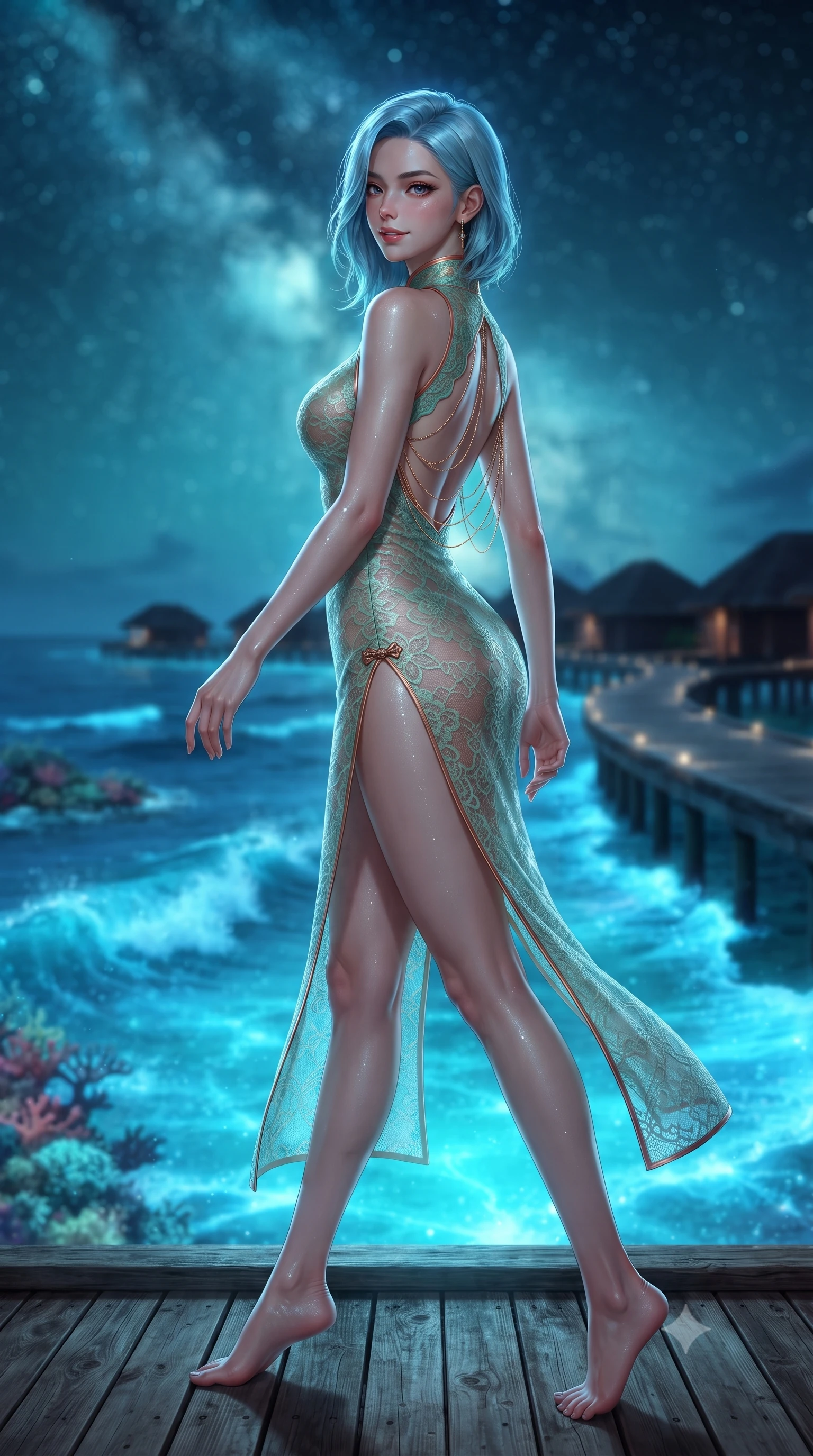 score_9, masterpiece, best quality, ultra-detailed, high-budget anime keyframe, editorial fashion photography, tasteful artistic composition, Korean woman. low angle full-body shot from head to toe showing her feet, filling the entire 9:16 vertical frame with her statuesque presence, stretching her vertical silhouette. walking along the terrace with poise, looking back over her bare shoulder with an irresistible smoldering bedroom-gaze while twisting her slender torso in an alluring contrapposto stance, glowing turquoise water caustics and silver starlight tracing her flat midriff and curvy hips. The background shows a soft-focus neon-blue glowing bioluminescent waves crashing on distant coral reefs, silhouettes of overwater bungalows on winding wooden boardwalks, and Milky Way core blurred into electric cyan, turquoise, and obsidian bokeh. She has an absolutely perfect, statuesque 8.5-heads proportion, an exceptionally tall and slender model-like female figure with impossibly long slender legs, an ultra-slim waist, a flat toned midriff, narrow delicate ribcage, and beautifully sculpted feminine hips creating a graceful, slim hourglass silhouette without any bulky heaviness. sharp v-shaped jawline, high-bridge nose, sparkling eyes with hypnotic seductive depth, thick curled eyelashes, glossy parted lips with a natural dewy peach sheen, alluring bedroom-eyes with an enchanting coquettish smile, exuding magnetic siren charisma and sophisticated glamour, flawlessly proportioned anatomical accuracy, strict slender model proportions, natural body alignment, perfectly sculpted long slender limbs, ultra-slim waistline, clean dynamic posture without body distortion. wearing a modern cheongsam-inspired form-fitting sheer mesh cocktail dress with mandarin collar and dramatic hip-high side slits in Moroccan mint green and hammered copper, made of delicate semi-sheer French Chantilly lace with intricate eyelash edges, accented with an open-back drape framed by falling strands of delicate gold chains, the form-contouring silhouette accentuating her sculpted flat midriff, narrow delicate ribcage, and gracefully curvy hips with intoxicating allure. bathed in supernatural glowing neon-cyan light radiating upward from bioluminescent lagoon waters mixed with celestial starlight. ultra-reflective glossy finish, specular highlights, rich textural contrasts, high-contrast stereoscopic depth, volumetric dynamic lighting, 2k, ultra detail, master piece, 9:16 ratio