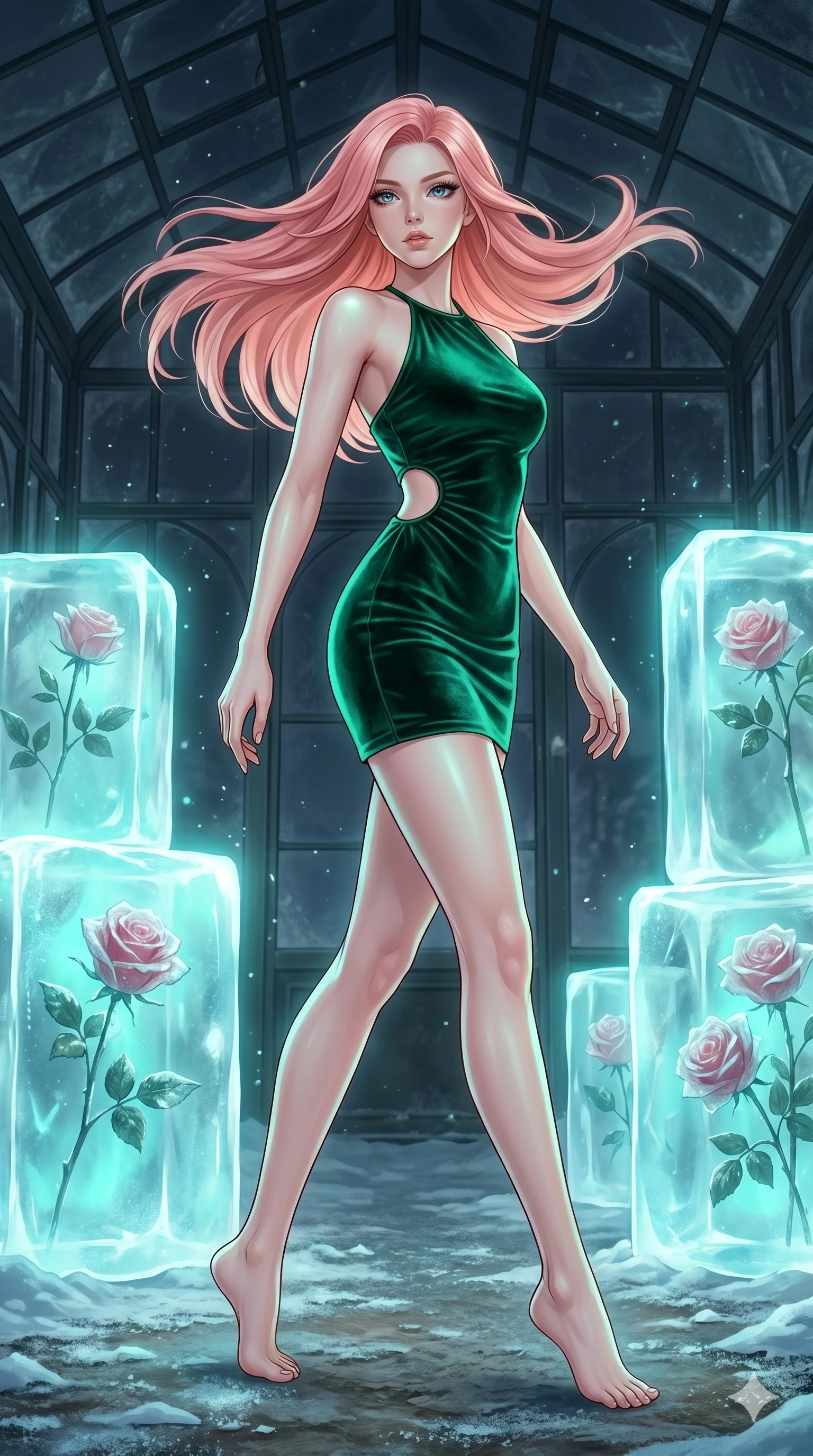 score_9, masterpiece, best quality, ultra-detailed, high-budget anime keyframe, editorial fashion photography, tasteful artistic composition, Japanese woman. low angle full-body shot from head to toe showing her feet, filling the entire 9:16 vertical frame with her statuesque presence, stretching her vertical silhouette. Pivoting sharply mid-step with hair sweeping dramatically behind inside a winter greenhouse where roses are frozen in blocks of glowing ice. She has an absolutely perfect 8-heads proportion, an exceptionally tall and slender female figure with impossibly long slender legs and an ultra-slim waist. V-shaped jawline, high-bridge nose, intricate jewel-like eyes with depth, thick eyelashes, glossy lips with a natural sheen. wearing an emerald green velvet mini dress with a halter neckline, featuring a single circular cutout at the left side of the waist. illuminated by soft aqua bioluminescent light that makes her skin luminously glow against the dark. 2k, ultra detail, master piece, 9:16 ratio