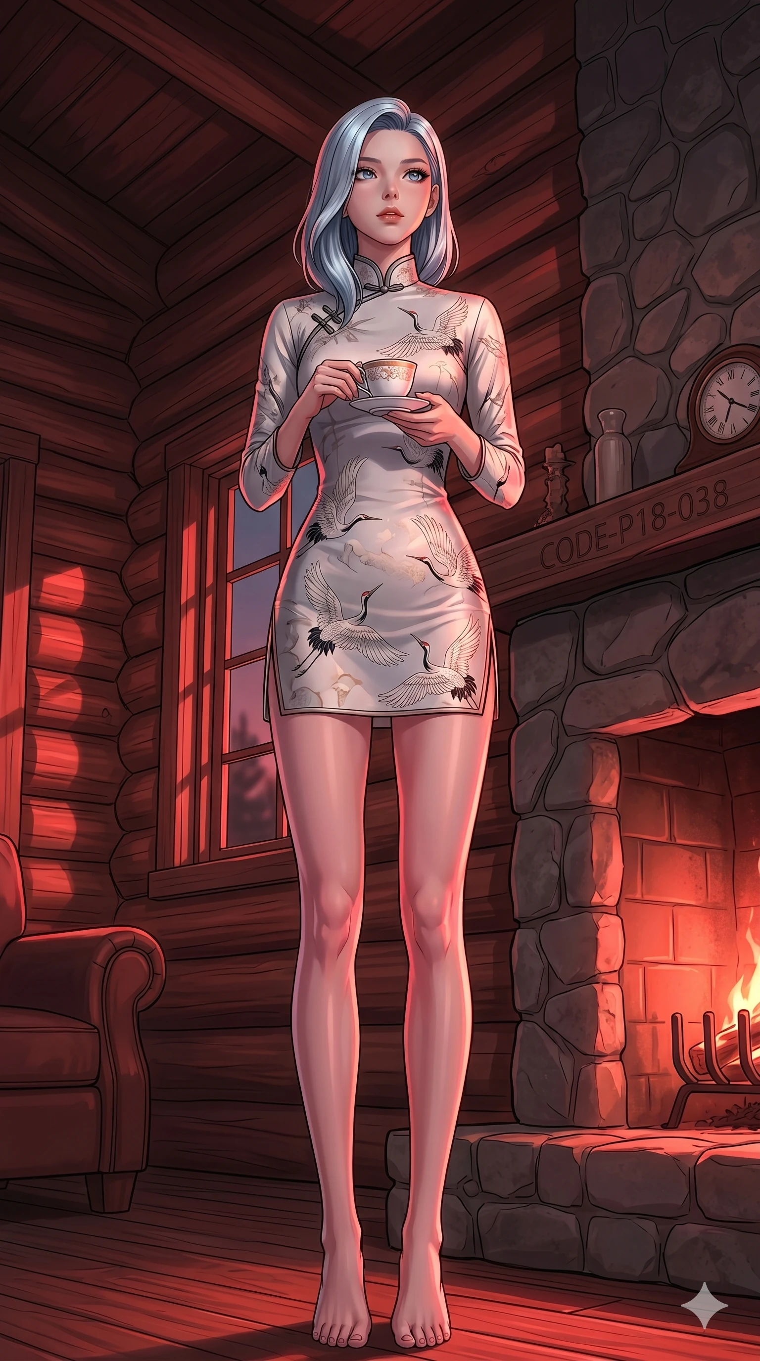 score_9, masterpiece, best quality, ultra-detailed, high-budget anime keyframe, editorial fashion photography, tasteful artistic composition, Korean woman. low angle full-body shot from head to toe showing her feet, filling the entire 9:16 vertical frame with her statuesque presence, stretching her vertical silhouette. resting her fingers on a porcelain tea cup, looking up with a gentle, curious gaze inside a cozy log cabin room with a stone fireplace at dusk (Code-P18-038). She has an absolutely perfect 8-heads proportion, an exceptionally tall and slender female figure with impossibly long slender legs and an ultra-slim waist. V-shaped jawline, high-bridge nose, intricate jewel-like eyes with depth, thick eyelashes, glossy lips with a natural sheen. wearing a high-neck silk cheongsam with long sleeves and elegant crane prints. dramatic crimson theatrical sunset light, casting sharp highlights on every curve. 2k, ultra detail, master piece, 9:16 ratio