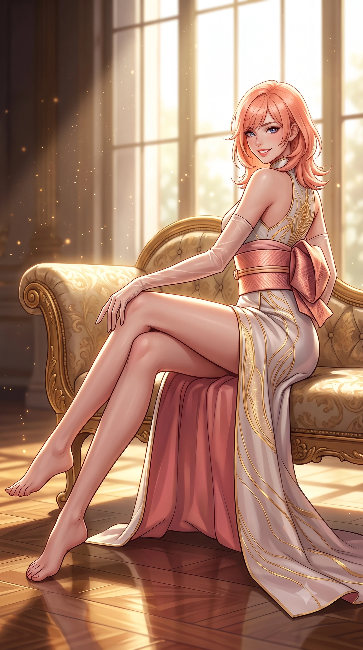 score_9, masterpiece, best quality, ultra-detailed, high-budget anime keyframe, semi-realistic 3D game render, editorial fashion photography, tasteful artistic composition, Japanese woman. low angle full-body shot from head to toe showing her feet, filling the entire 9:16 vertical frame with her statuesque presence, stretching her vertical silhouette. posing in a classic haute-couture S-curve stance beside the floor-to-ceiling window, looking over a bare shoulder with magnetic presence while lounging gracefully across the antique gilded chaise propped on one elbow with legs extended, displaying her long slender limbs and statuesque hourglass silhouette with regal anime flair. The background shows a soft-focus golden dust particles shimmering in spotlight beams softened in grand cyber-baroque opera house shallow focus. She has an exceptionally tall and slender model-like 8.5-heads proportion, an ultra-slim waist, a flat toned midriff, narrow delicate ribcage, and beautifully sculpted feminine hips creating a graceful, slim hourglass silhouette without any bulky heaviness, with impossibly long slender legs. sharp v-shaped jawline, high-bridge nose, intricate jewel-like sparkling eyes with depth, thick eyelashes, glossy parted lips with a natural peach sheen, bright cheerful beaming smile with an enchanting and coquettish sensual glint, exuding both youthful cute charm and seductive allure, flawlessly proportioned anatomical accuracy, strict slender model proportions, natural body alignment, perfectly sculpted long slender limbs, ultra-slim waistline, clean dynamic posture without body distortion. wearing an elegant high-neck cyber-kimono coat with integrated gold fiber-optic embroidery and wide obi belt in Solaris liquid rose-quartz and alien peach, woven from structured carbon-fiber jacquard with rich textural depth, complemented by sheer opera-length evening gloves tracing her slender arms, the bespoke structured tailoring following the natural line of her 8.5-heads silhouette with refined elegance. illuminated by polished parquet reflection bounce and sharp gold-plasma rim lights sculpting her jawline, narrow waist, and curvy hips. highly saturated vibrant anime colors, detailed shading with soft gradients, rich glossy textures, high-contrast stereoscopic depth, volumetric dynamic lighting, master piece, 9:16 ratio