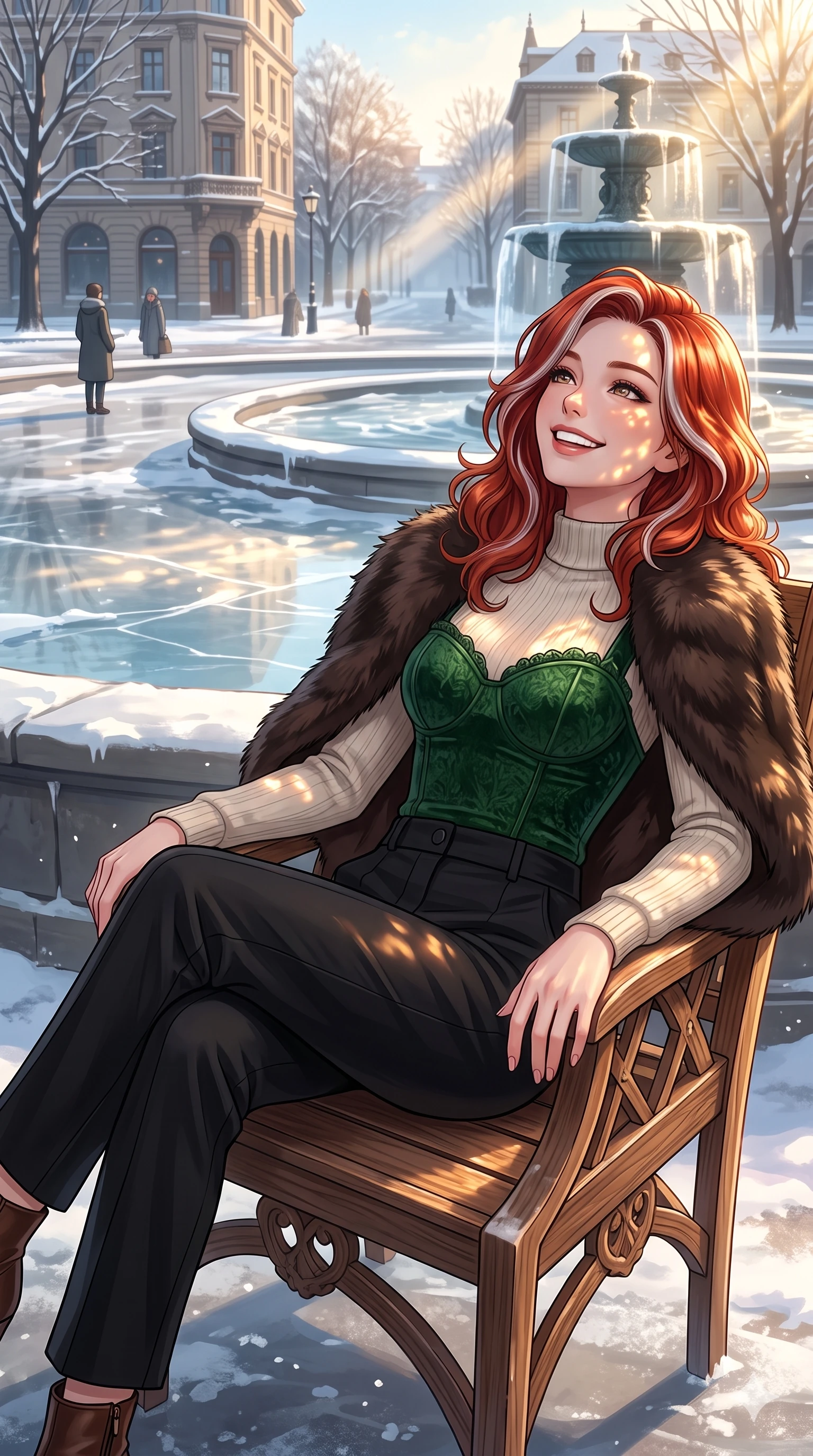 score_9, masterpiece, best quality, ultra-detailed, high-budget anime keyframe, vibrant anime aesthetic, Caucasian woman, strictly human ears. cowboy shot from the thighs up, character and outfit filling the frame for maximum presence. She is leaning back on a chalet chair with a delightful winter smile, looking up happily by a city fountain plaza under winter morning sun (Code-P21-153). She has an absolutely perfect 8-heads proportion, an exceptionally tall and slender female figure with impossibly long slender legs and an ultra-slim waist. V-shaped jawline, high-bridge nose, intricate jewel-like eyes with depth, thick eyelashes, glossy lips with a natural sheen. wearing a structured textured bodice with sweetheart neckline with a sweetheart neckline in winter. She is warm golden afternoon sunbeams reflecting off the fountain, dancing on her face. 2k, ultra detail, master piece, 9:16 ratio